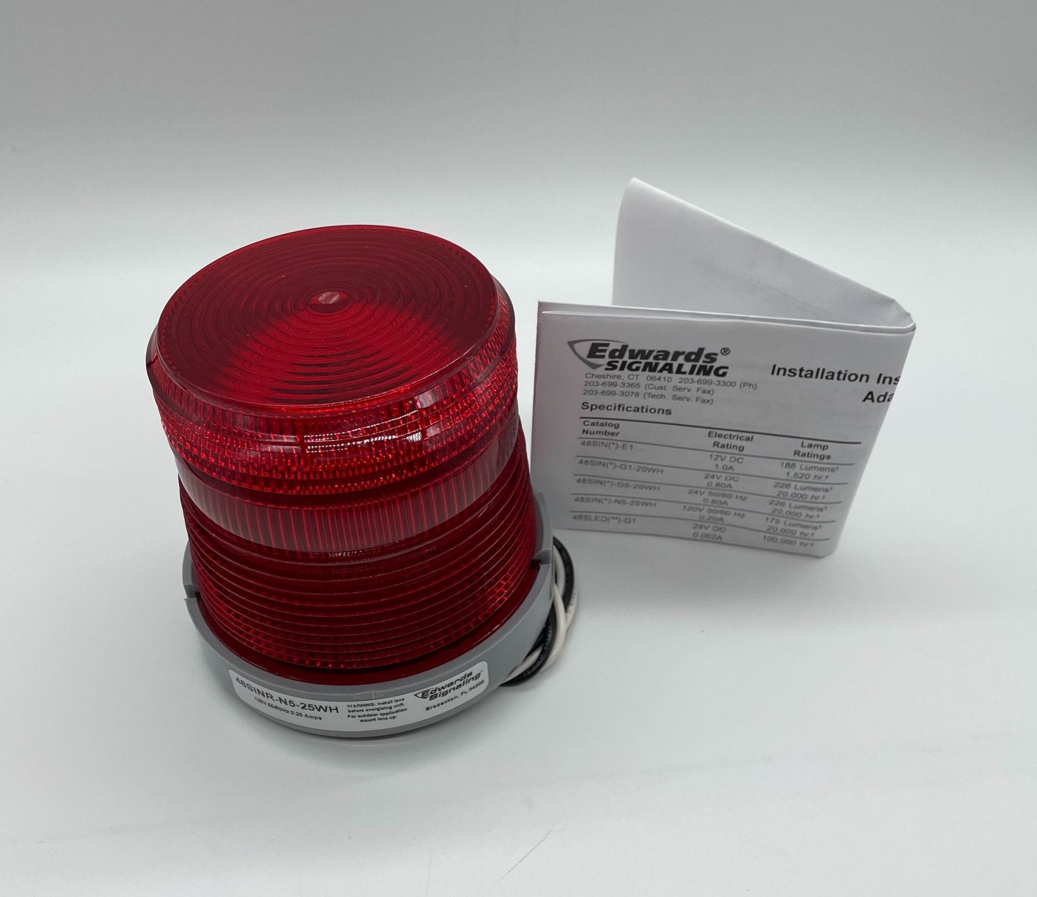 Edwards 48SINR-N5-25WH beacon with multiple LED lights and clear lens, mounted on a white background.