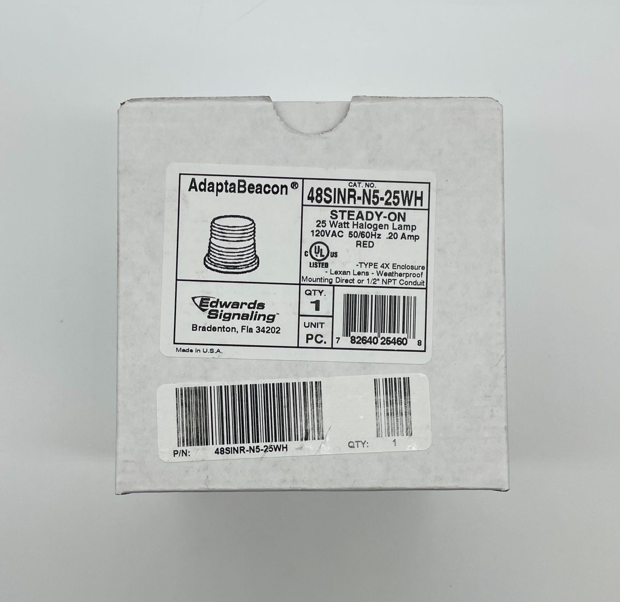 Edwards 48SINR-N5-25WH beacon with white housing and red lens, mounted on a wall for warning or signaling purposes.