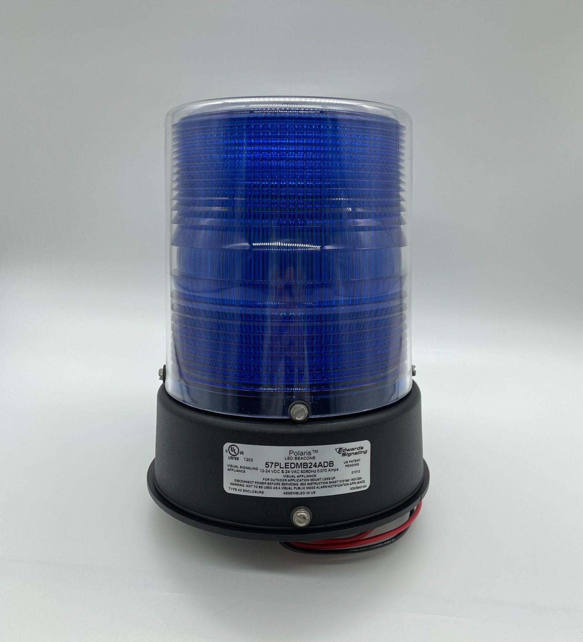 Edwards 57PLEDMB24ADB beacon with red LED light and metal mounting base, designed for industrial safety signaling.