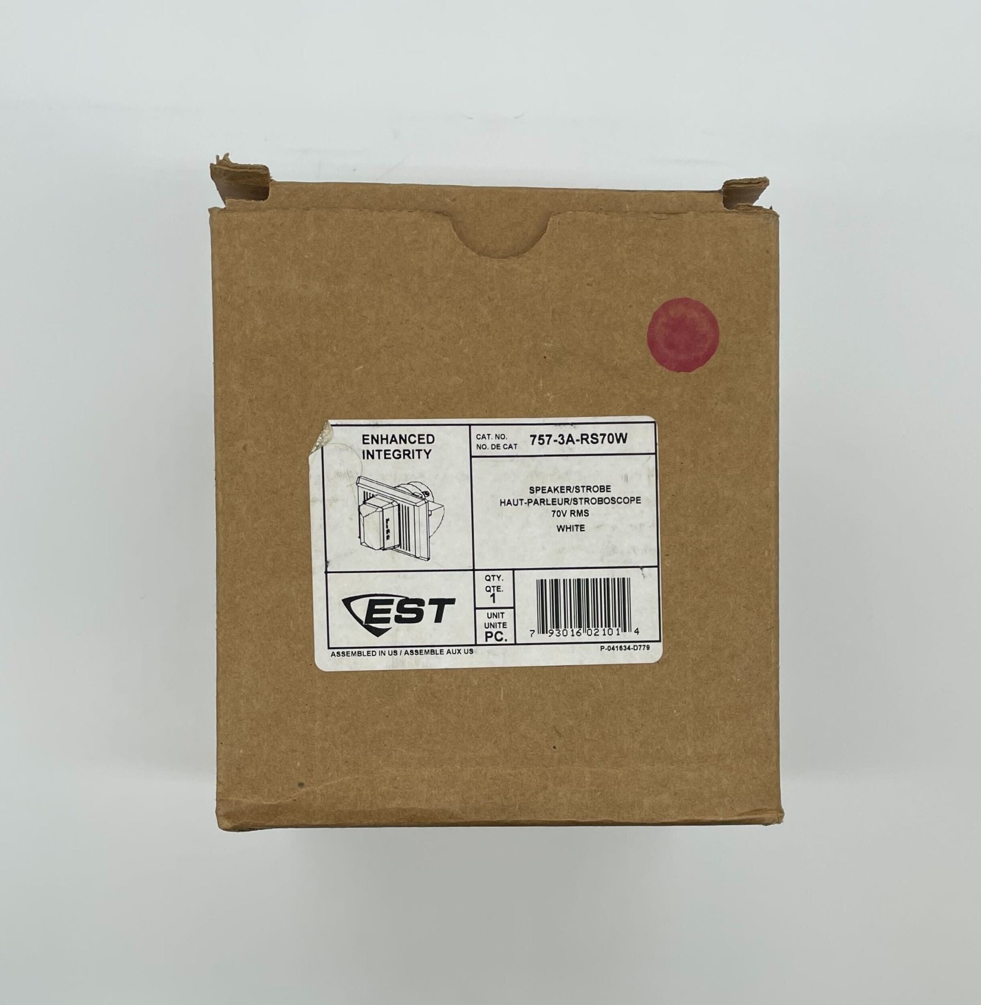 Edwards 757-3A-RS70W speaker strobe with white housing and mounting bracket, designed for fire alarm notification.