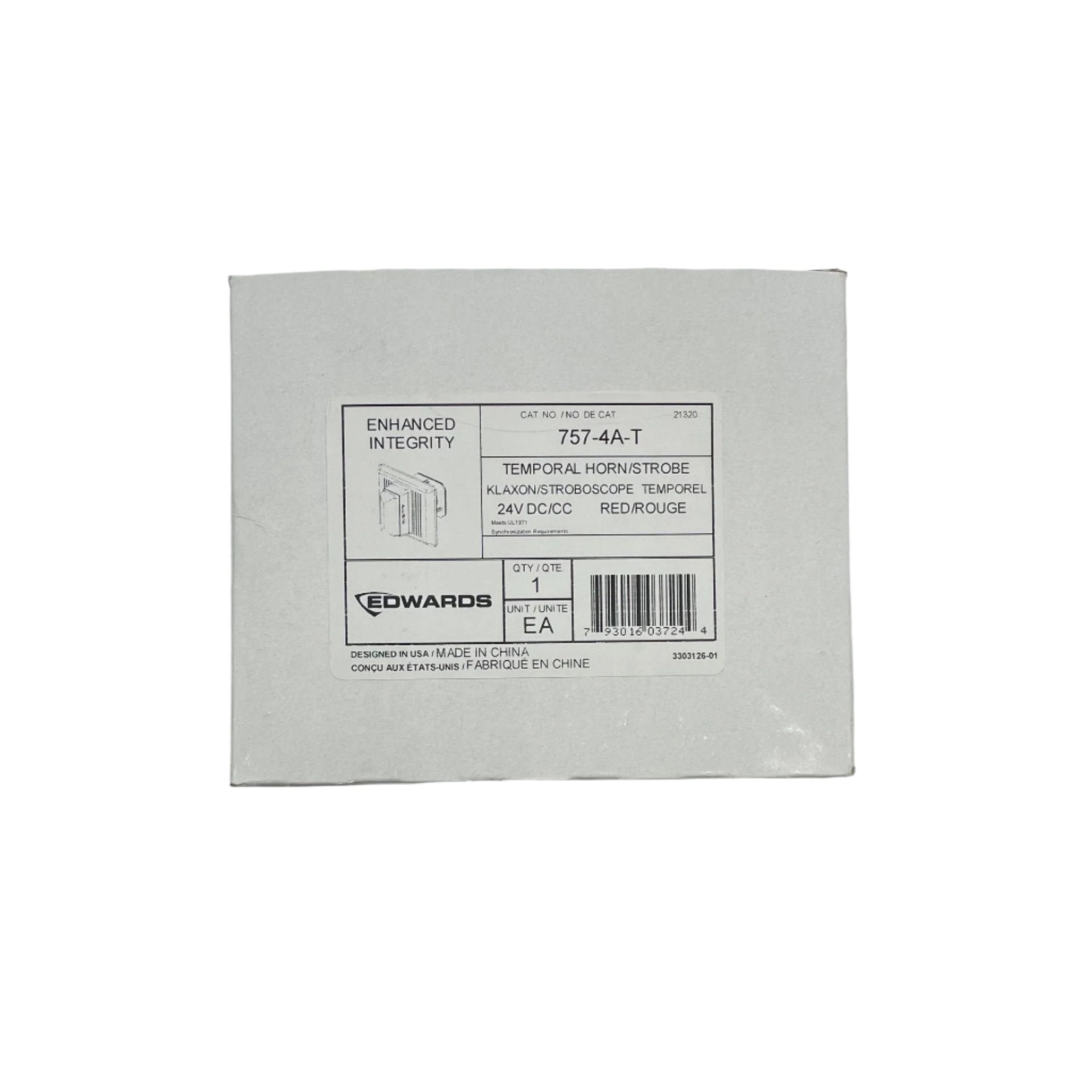 Edwards 757-4A-T horn strobe alarm with red housing and synchronized strobe light for fire warning systems.