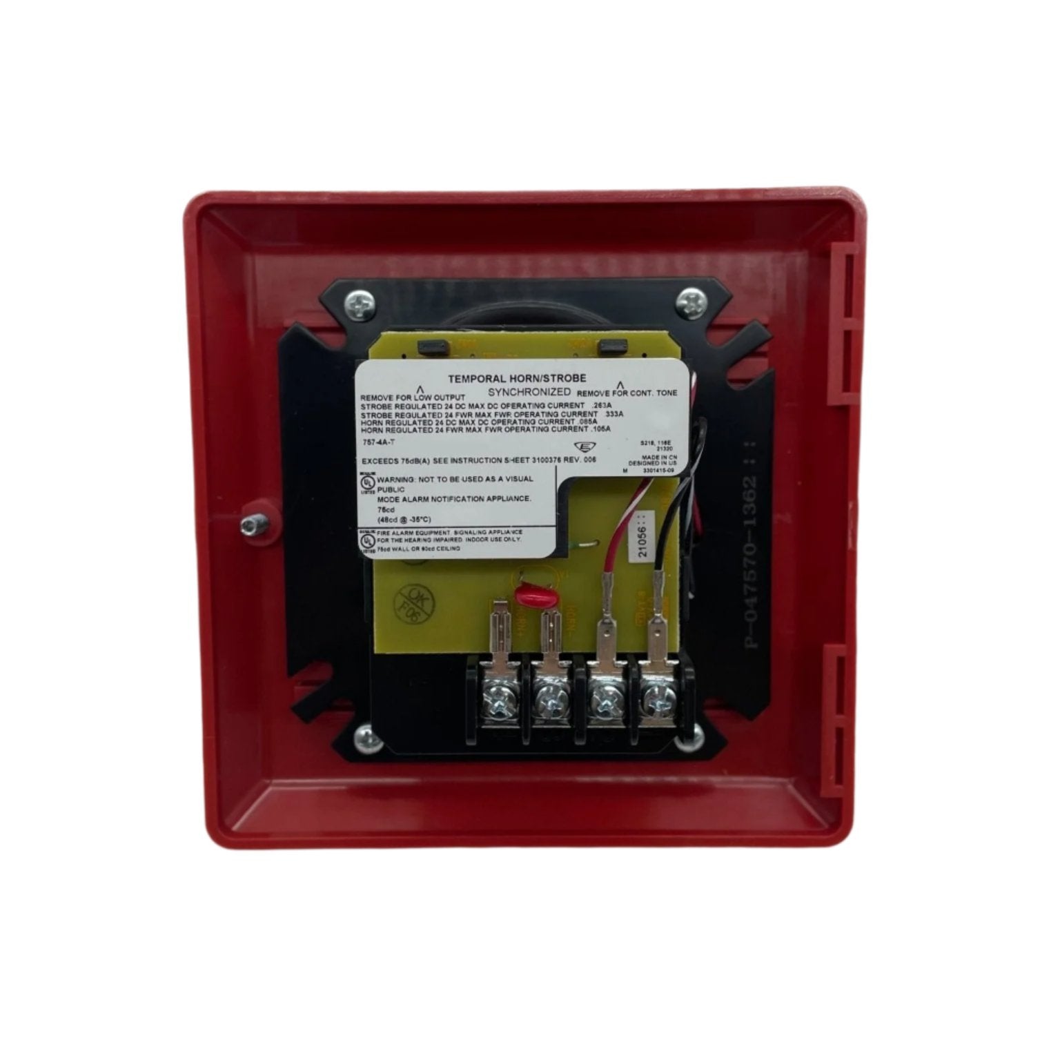Edwards 757-4A-T horn strobe fire alarm device mounted on a ceiling for emergency alert signaling.