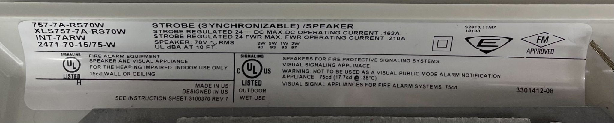 Edwards 757-7A-RS70W speaker strobe light with white housing, designed for fire alarm notification and safety signaling.