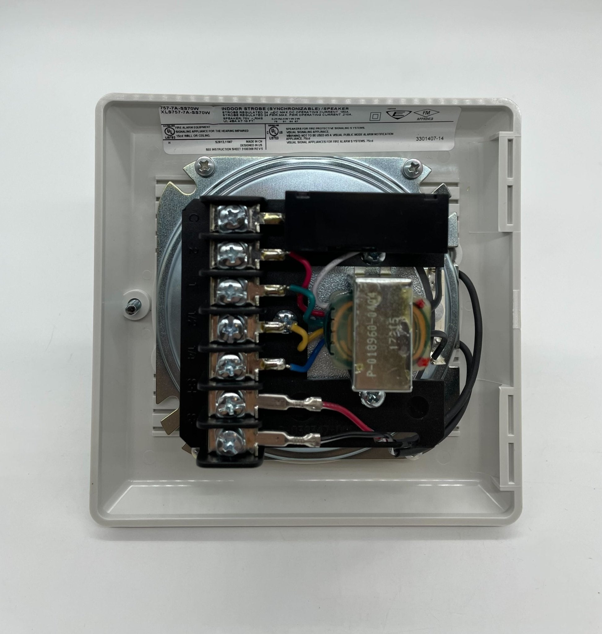Edwards 757-7A-SS70W speaker strobe light mounted on a ceiling, flashing to alert for fire or emergency signals.