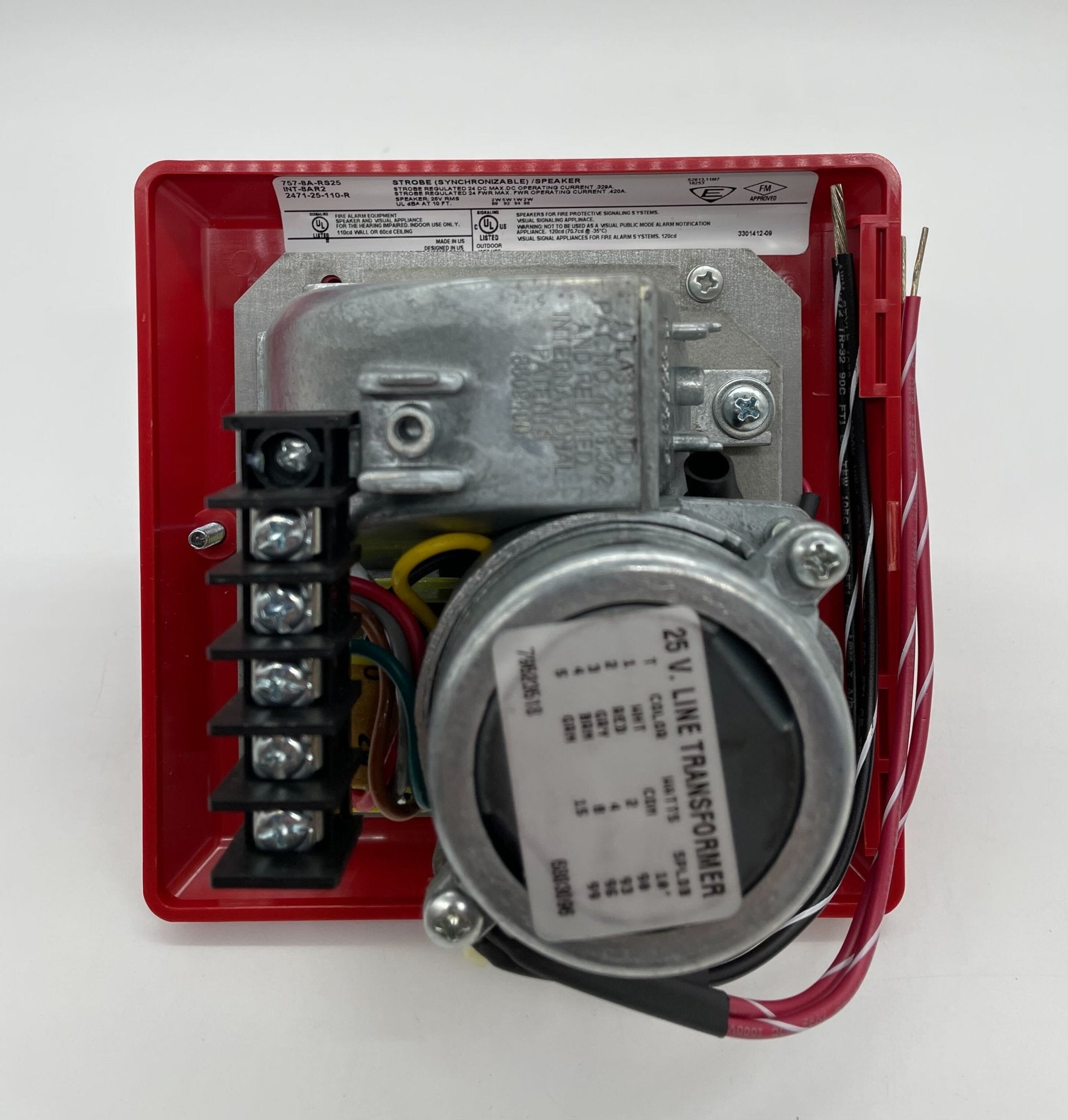 Edwards 757-8A-RS25 speaker strobe with red lens and mounting hardware, designed for fire alarm notification systems.