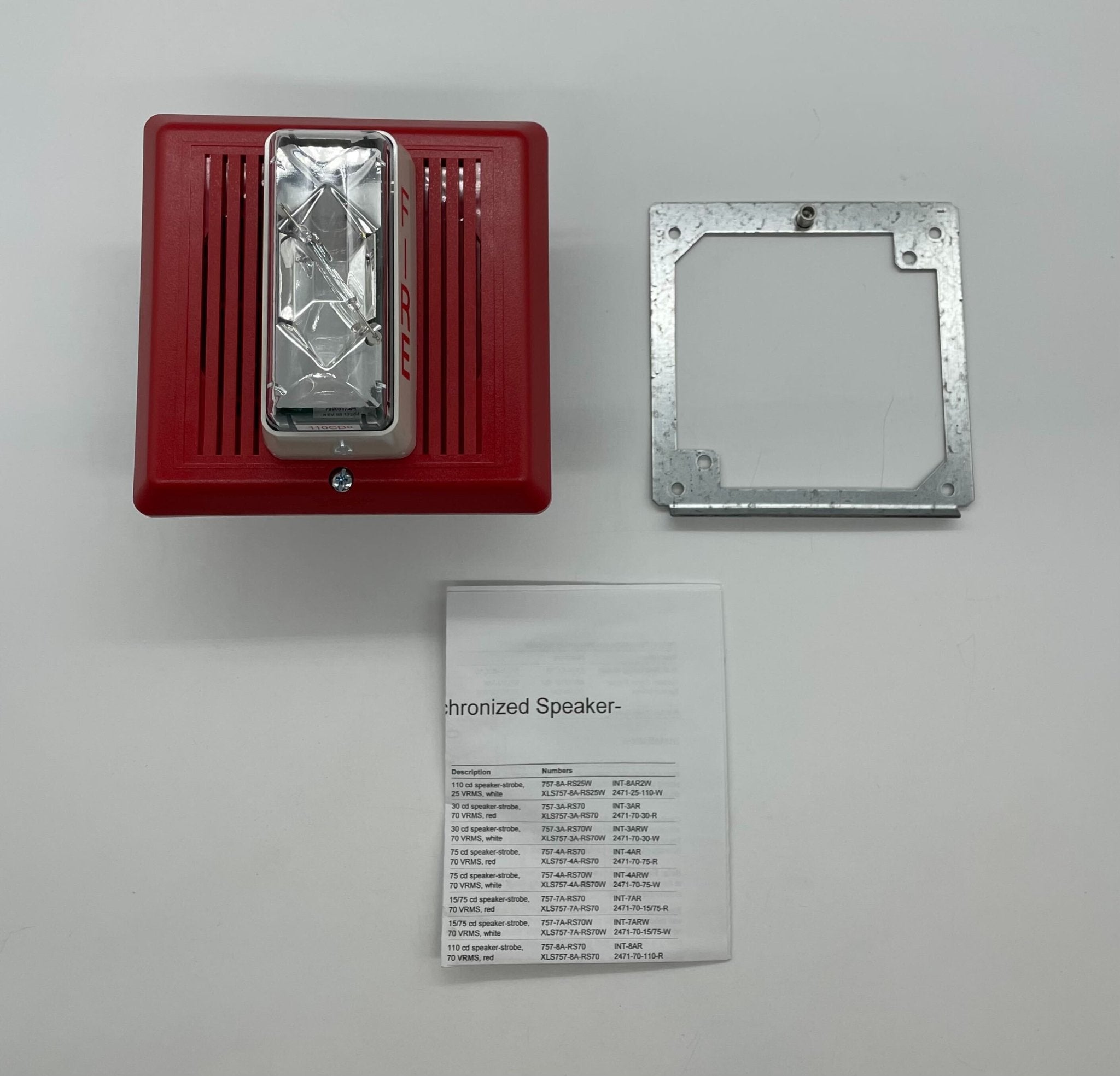 Edwards 757-8A-RS25 speaker strobe light with red lens and mounting bracket for fire alarm signaling.