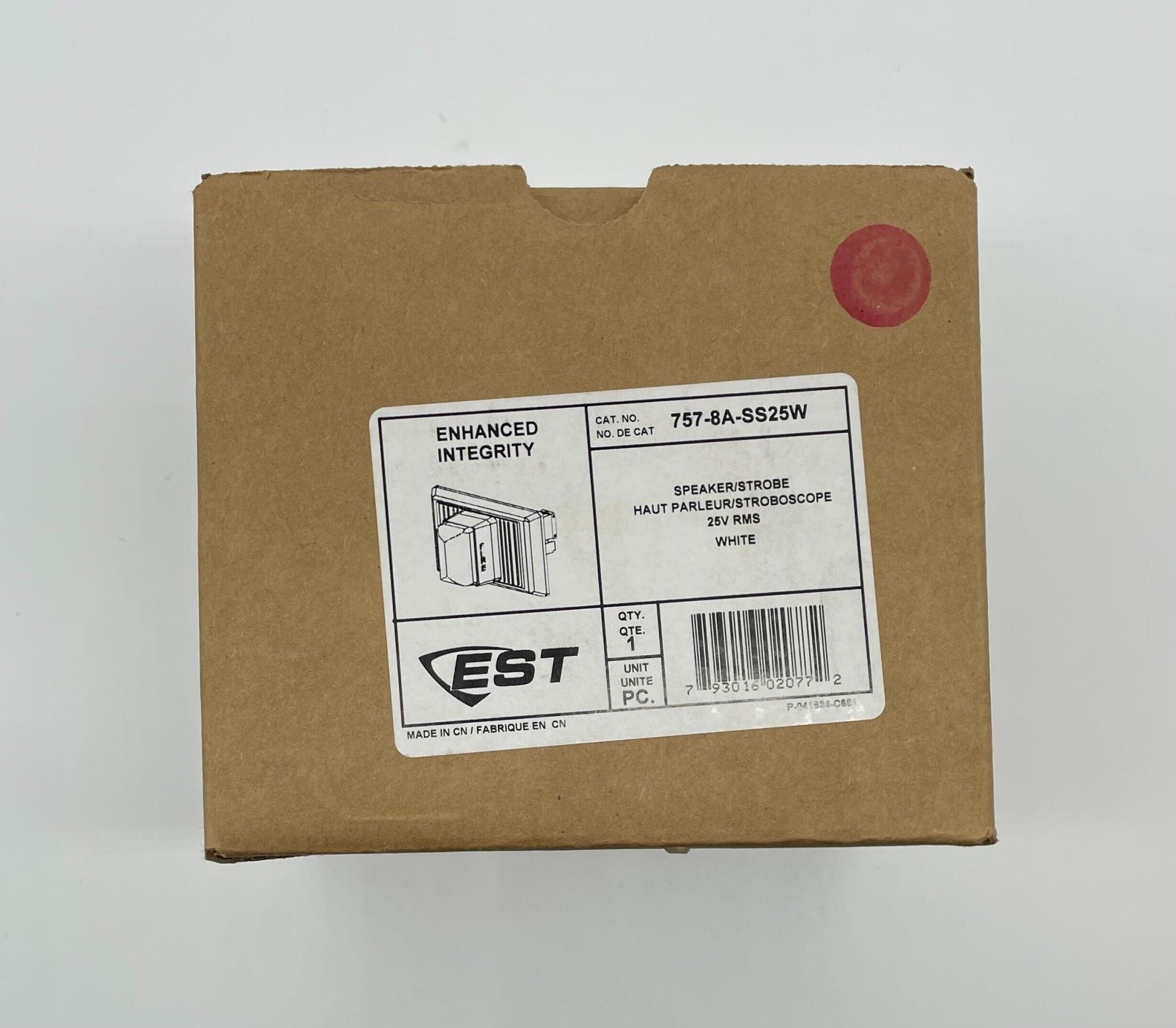 Edwards 757-8A-SS25W speaker strobe light mounted on ceiling, white safety alarm device with flashing light.