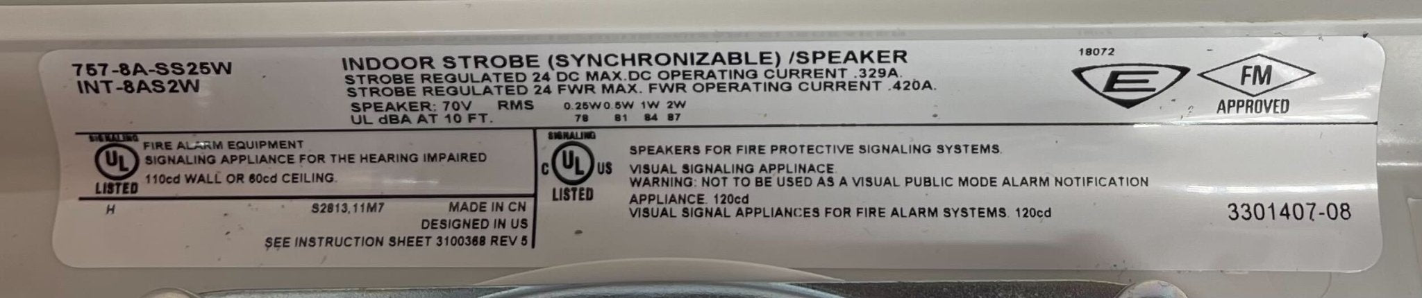 Edwards 757-8A-SS25W speaker strobe light with white housing and safety lens, designed for emergency notification systems.