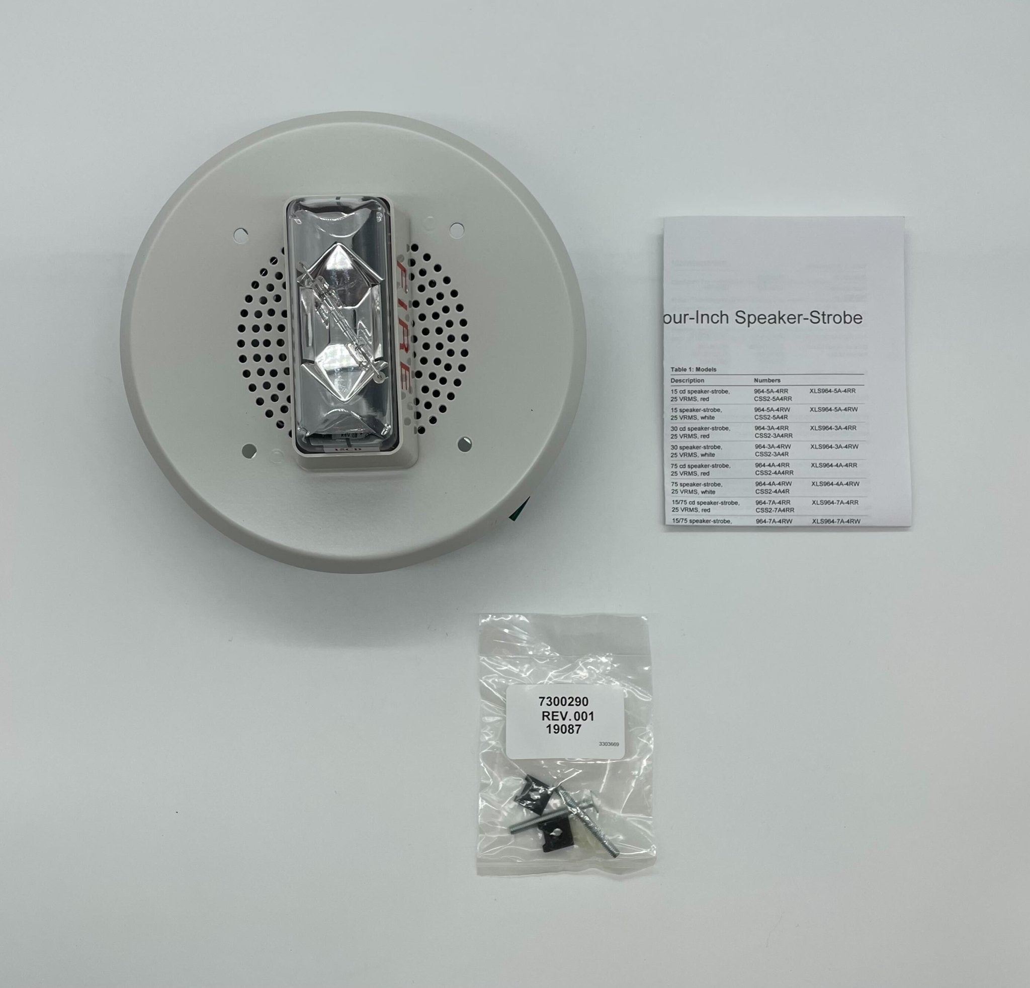 Edwards 965-5A-4RW speaker strobe alarm with red lens and mounting hardware, designed for fire safety and alarm systems.