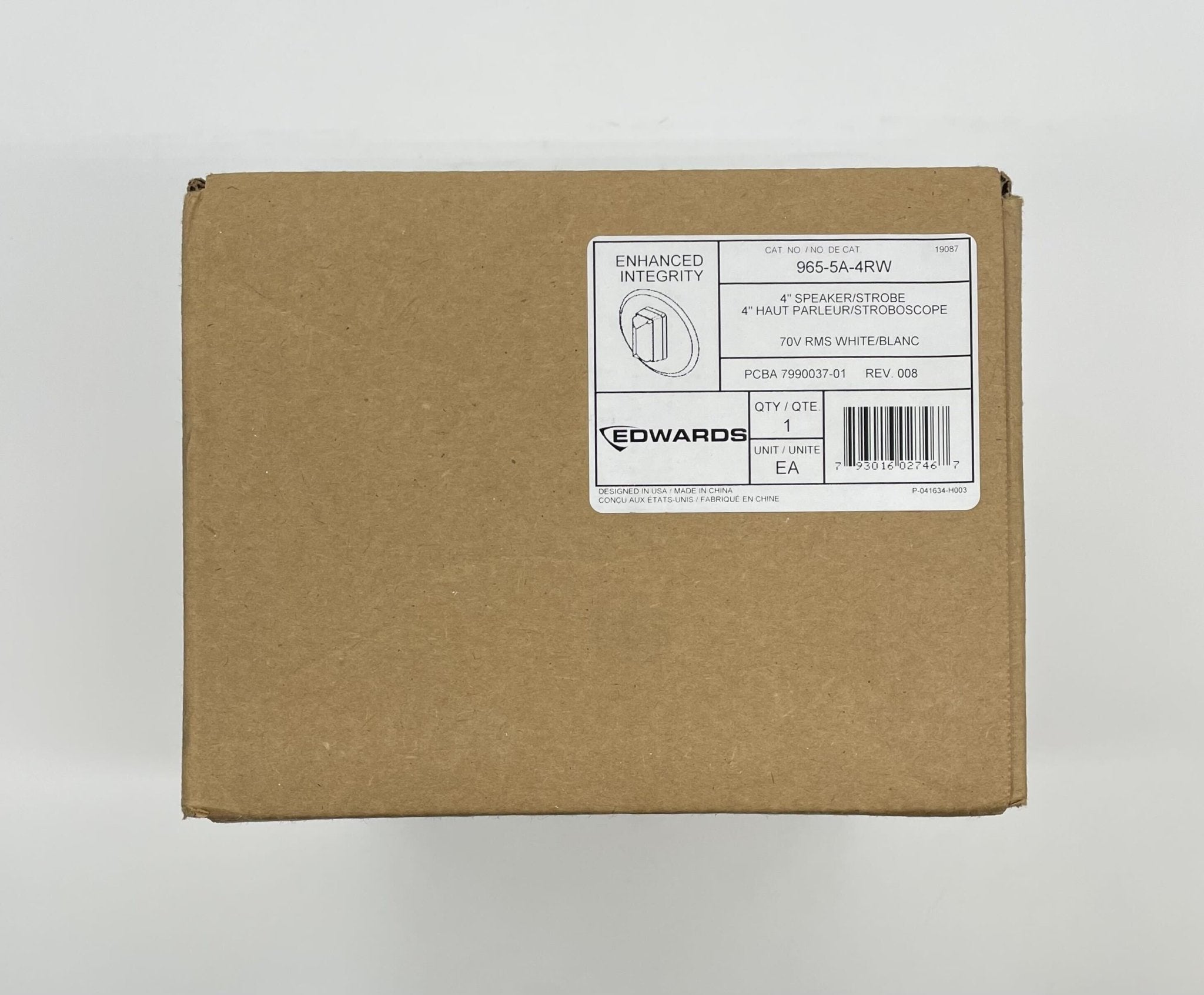 Edwards 965-5A-4RW speaker strobe alarm with red flashing light and white casing, designed for fire safety applications.