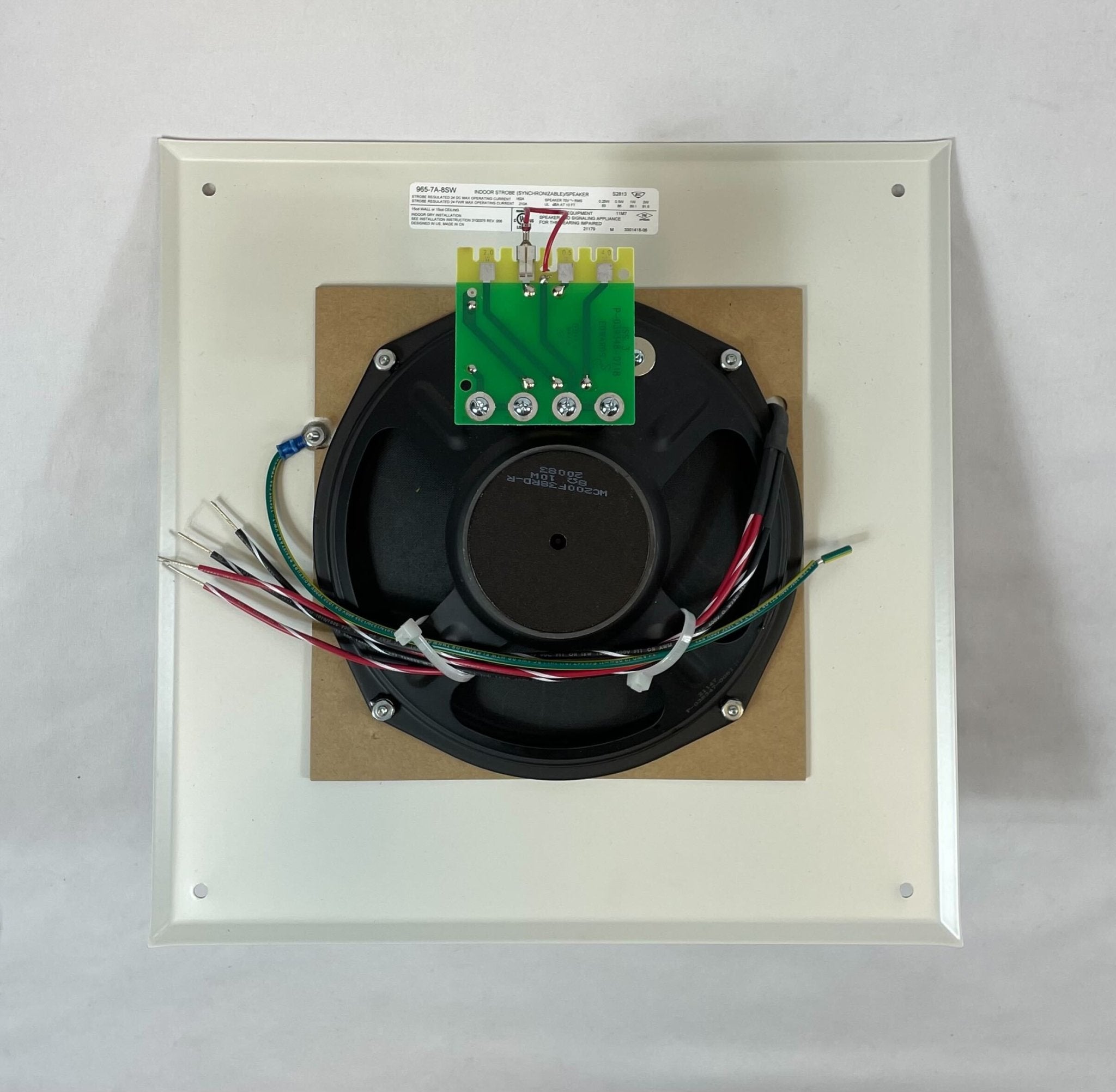 Edwards 965-7A-8SW speaker strobe alarm with bright yellow housing and mounting bracket, designed for fire alarm systems.