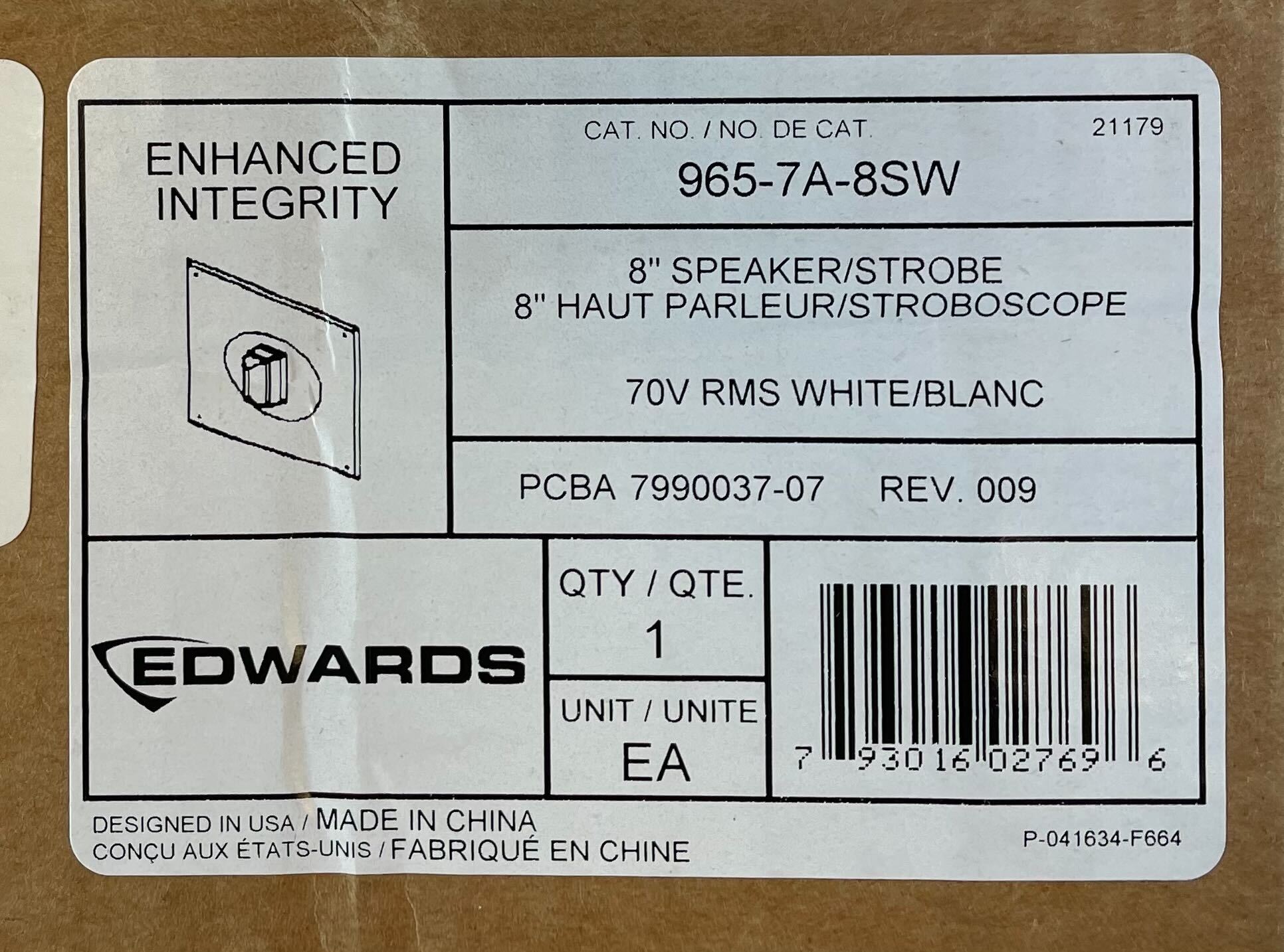 Edwards 965-7A-8SW speaker strobe alarm device with bright flashing light and loud sound for fire safety and alert systems.