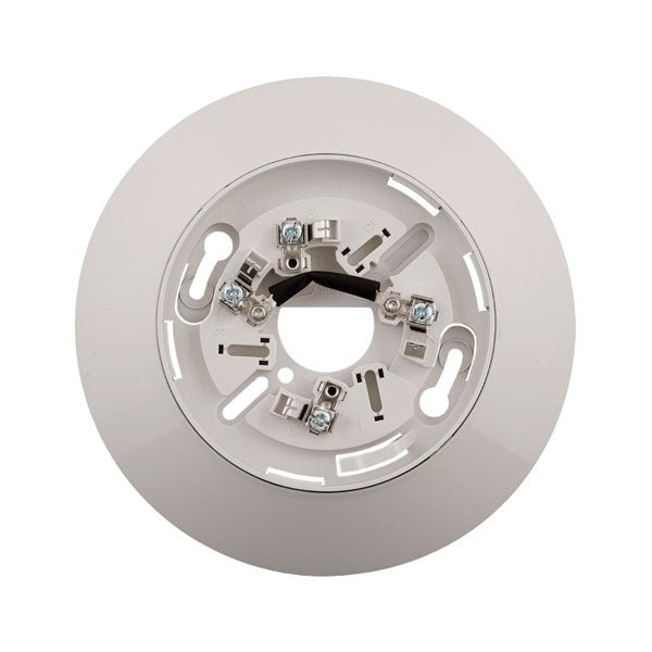 Edwards SIGA-SB4 fire alarm sensor in a ceiling-mounted installation, part of Edwards fire alarm system with sleek white design.