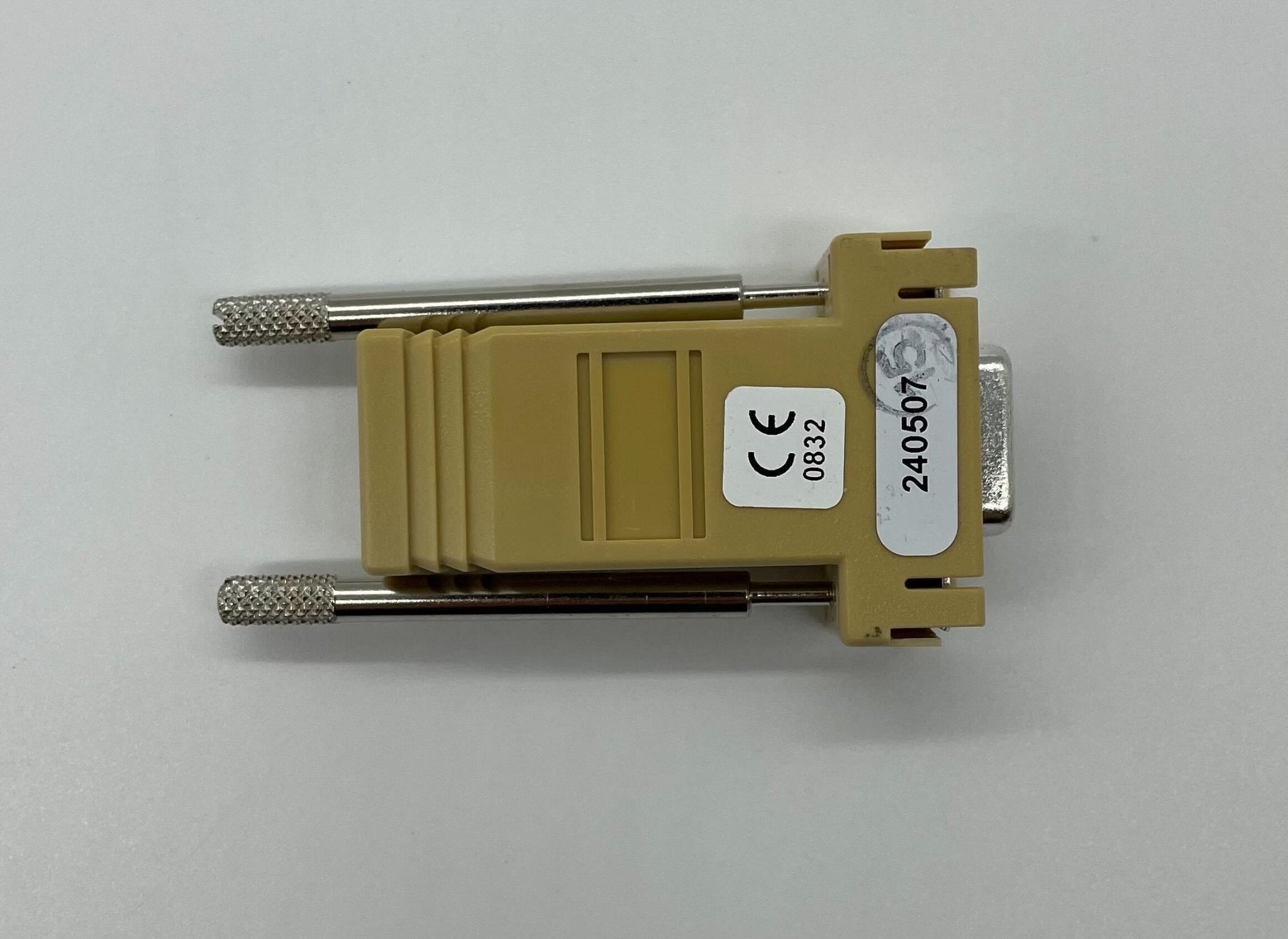 Edwards DB9/RJ11 fire alarm connector with black plastic casing and labeled ports, used for security and fire alarm systems.