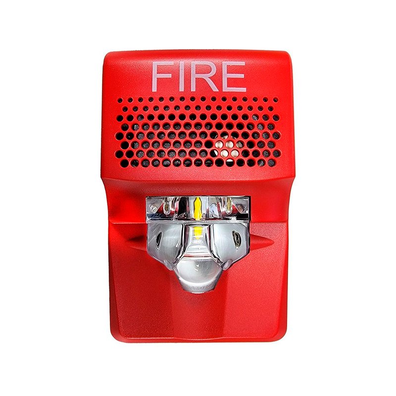 Edwards EG1AVRF horn strobe with red flashing light and white housing, mounted on wall for fire alarm notification.