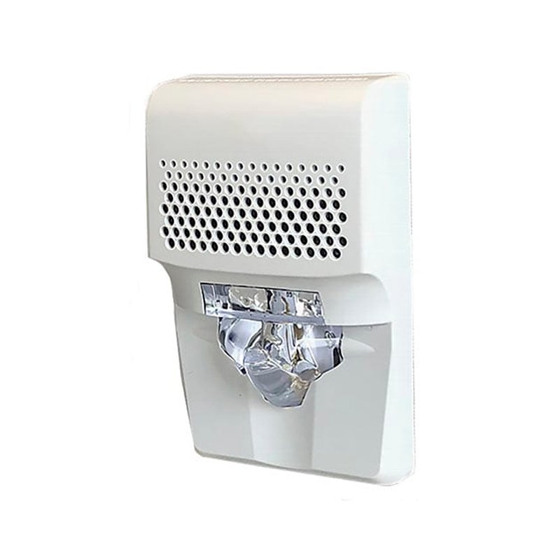 Edwards EG1AVWN horn strobe alarm with white housing and visible wiring, designed for fire safety and emergency notification systems.