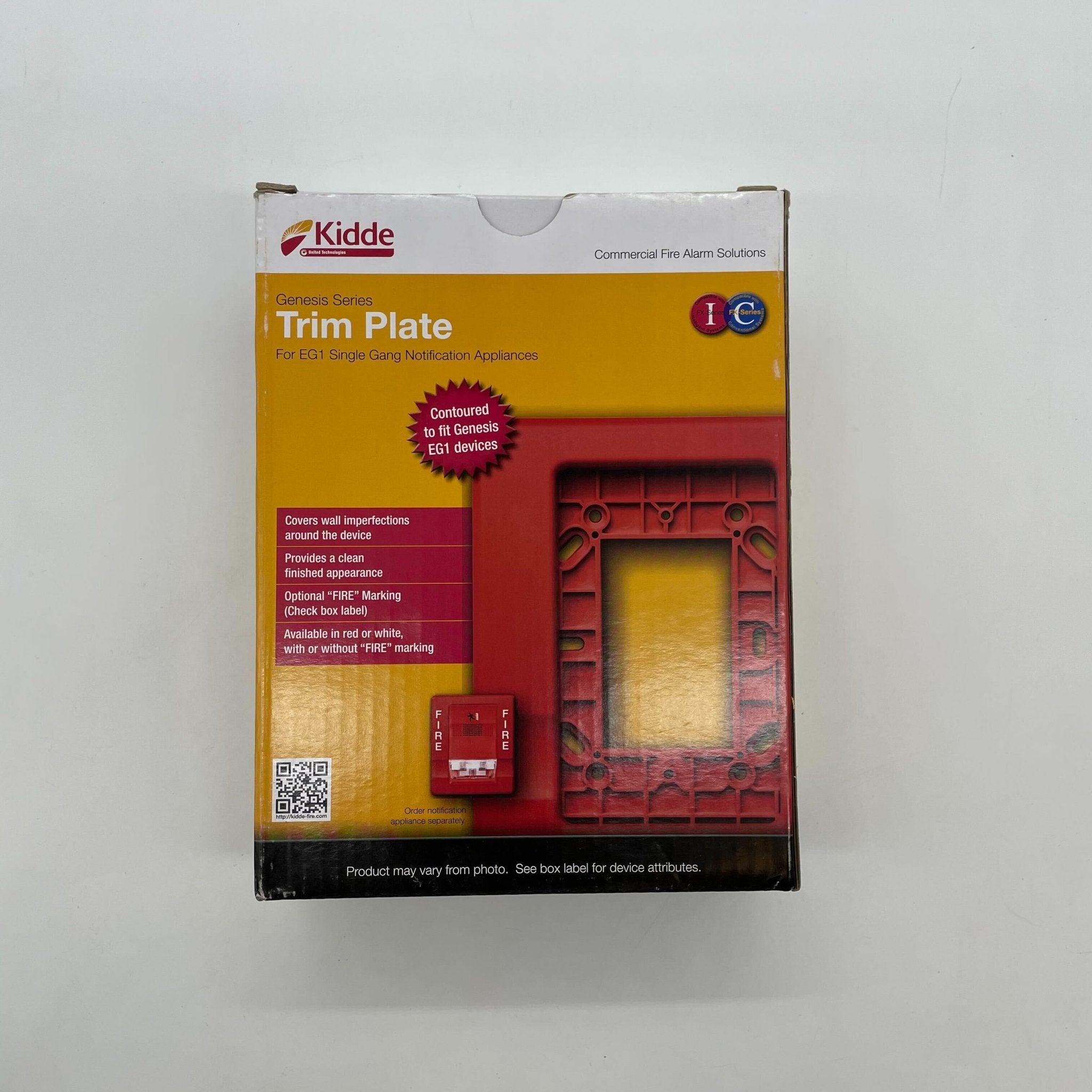 Edwards EG1RT-FIRE horn strobe alarm device with red housing and mounting base, designed for fire safety alert systems.