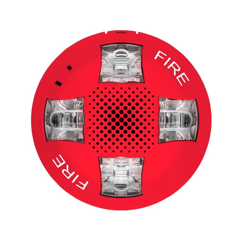 Edwards EGCAVRF horn strobe alarm device with red warning light and mounting bracket, designed for fire safety systems.