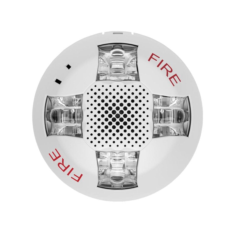 Edwards EGCAVWF horn strobe alarm device mounted on wall, featuring a bright strobe light and horn for emergency alerts.