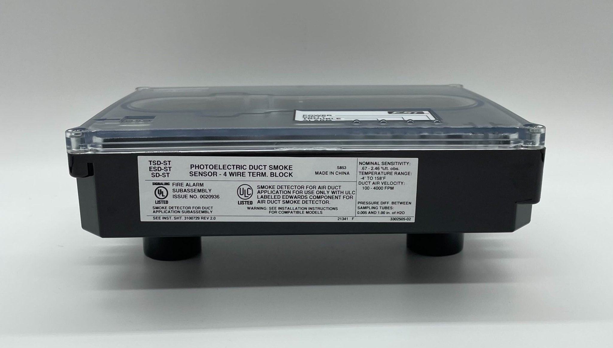 Edwards ESD-ST fire alarm with smoke detection sensor and mounting bracket, designed for safety and reliable fire detection.