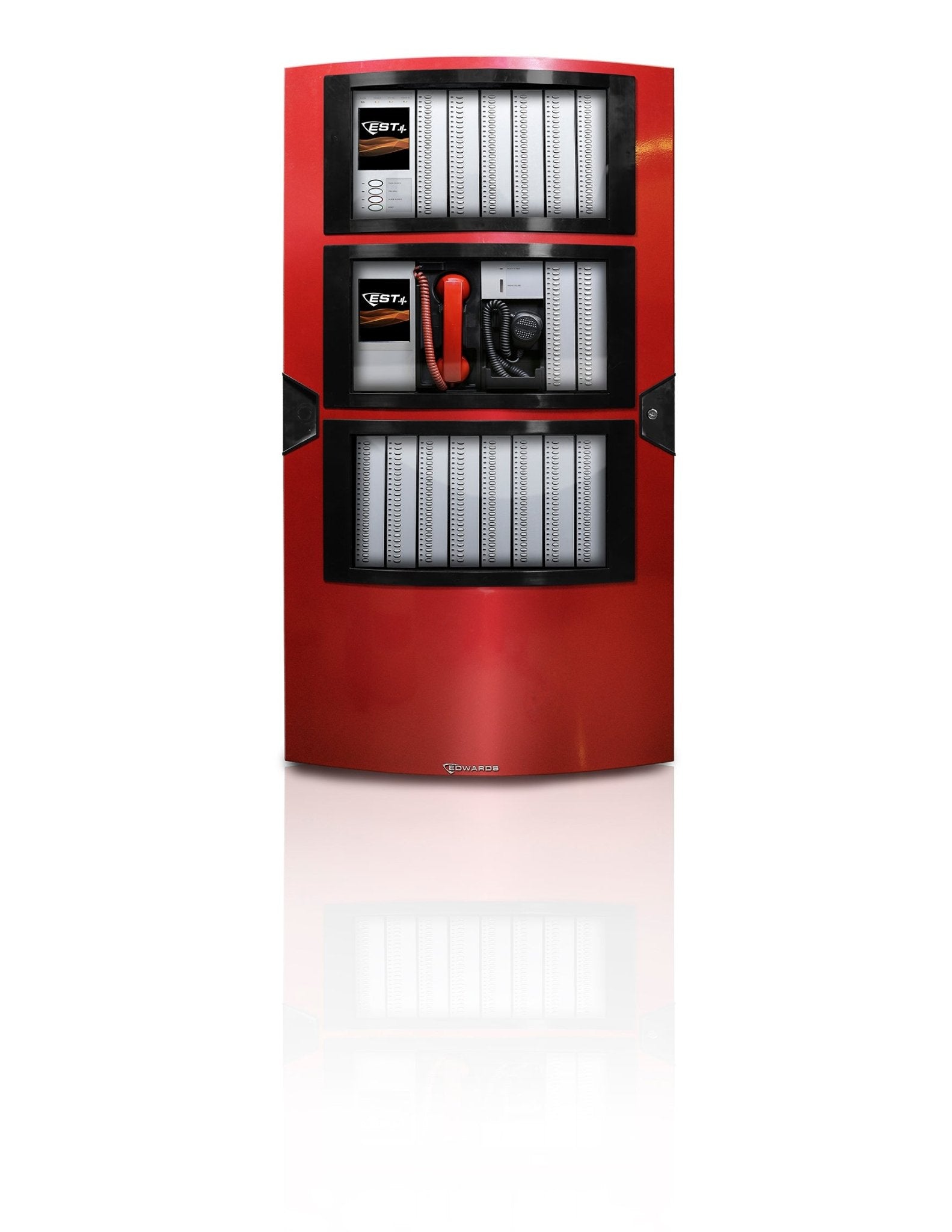Edwards 4-CAB24DRL fire alarm with digital display and alarm indicator, installed on ceiling in a commercial building.