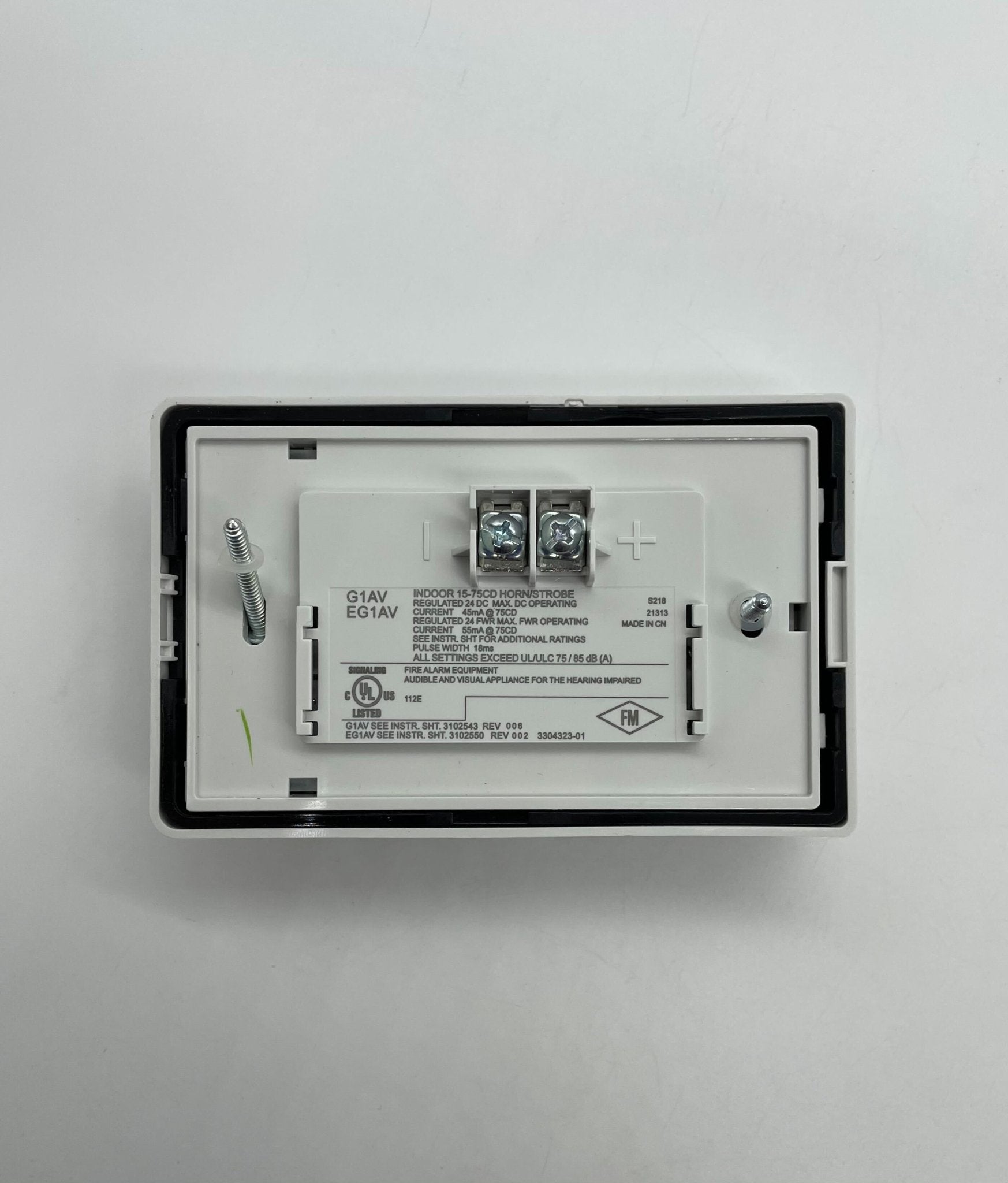 Edwards G1AVWN horn strobe alarm with white cover and mounting hardware, designed for fire and security alert systems.