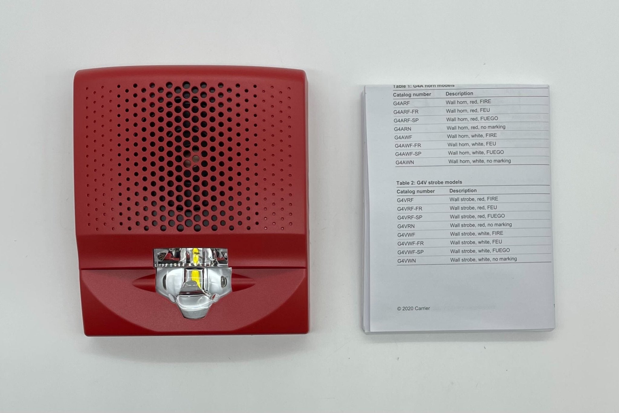 Edwards G4AVRN horn strobe alarm with red housing and mounting bracket, designed for fire and security alert systems