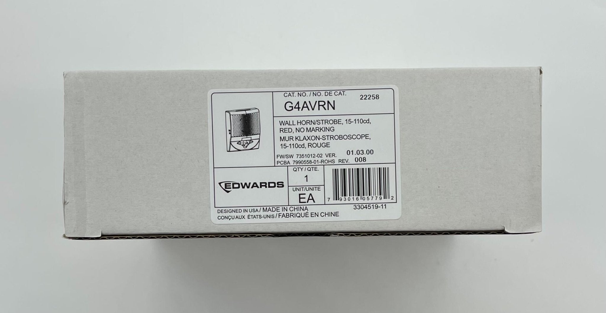 Edwards G4AVRN horn strobe alarm with red casing and mounting bracket, designed for visual and audible emergency alerts.