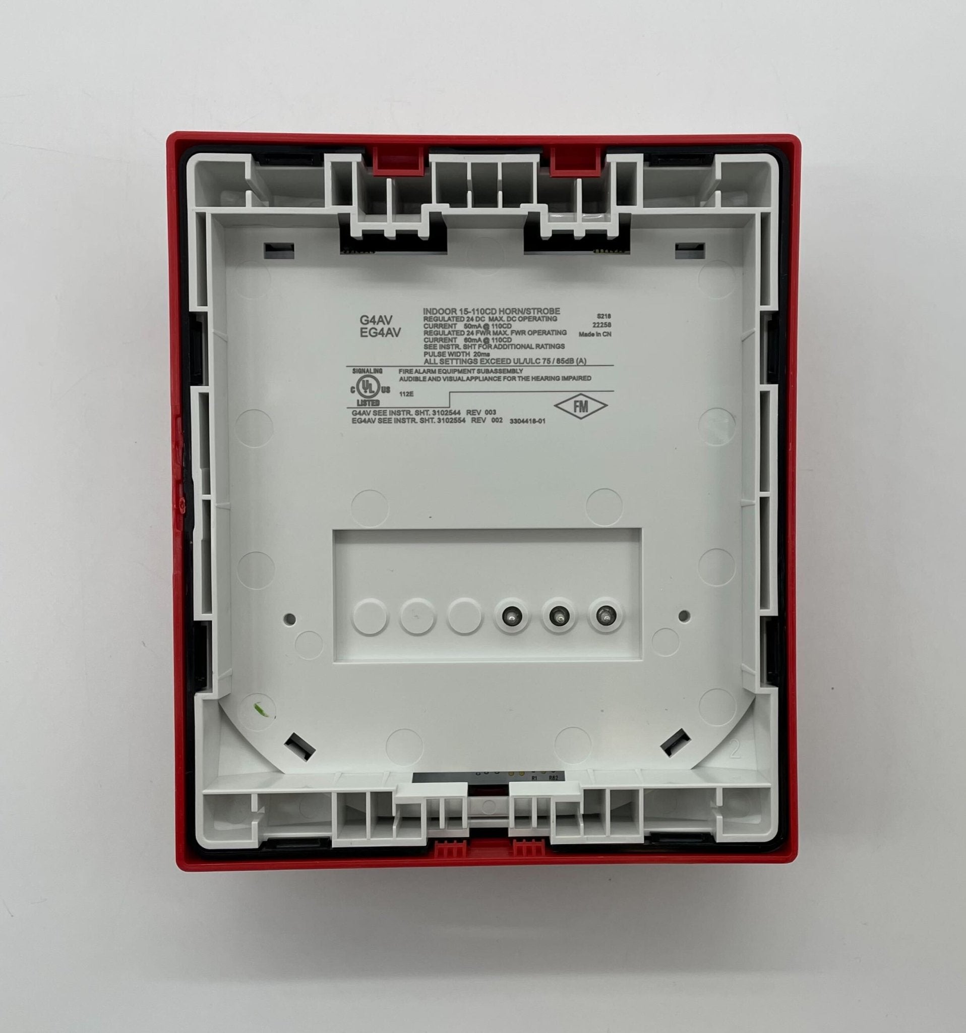 Edwards G4AVRN horn strobe alarm with red cover and mounting bracket, designed for fire safety and emergency alert systems.