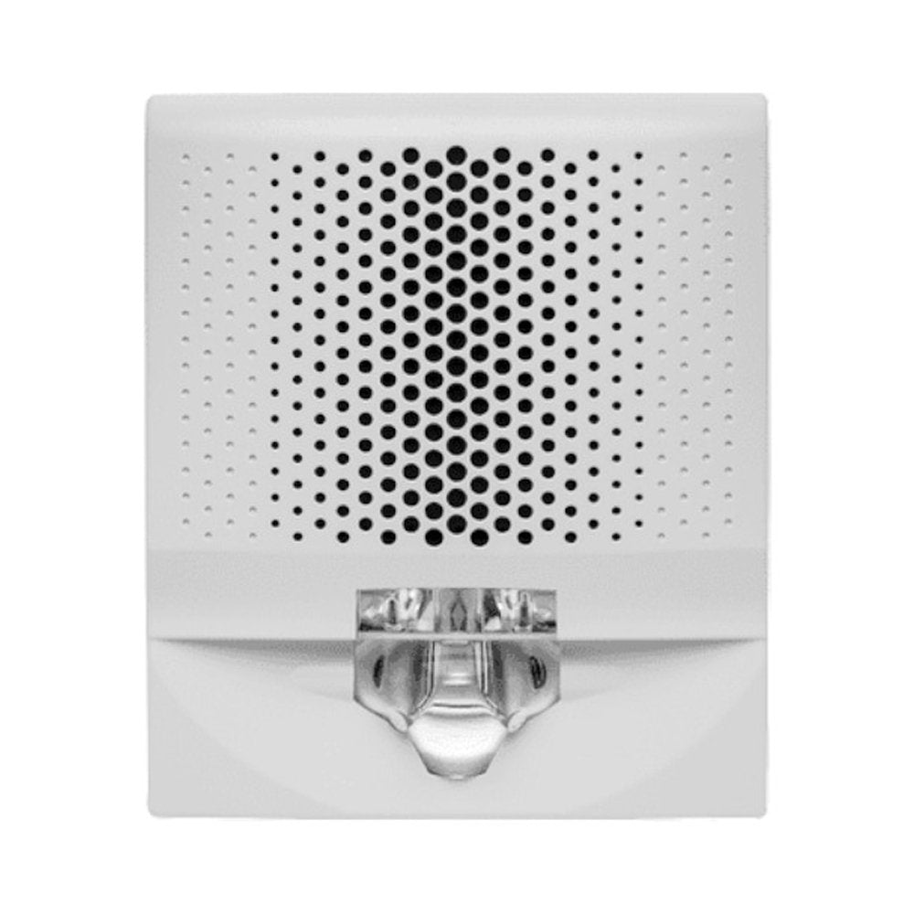 Edwards G4AVWF horn strobe alarm device mounted on wall, white plastic housing, used for fire and emergency alerts