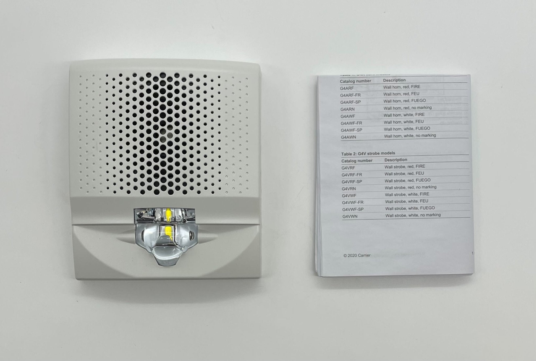 Edwards G4AVWF horn strobe alarm with white housing and mounting bracket, designed for fire and safety signaling.