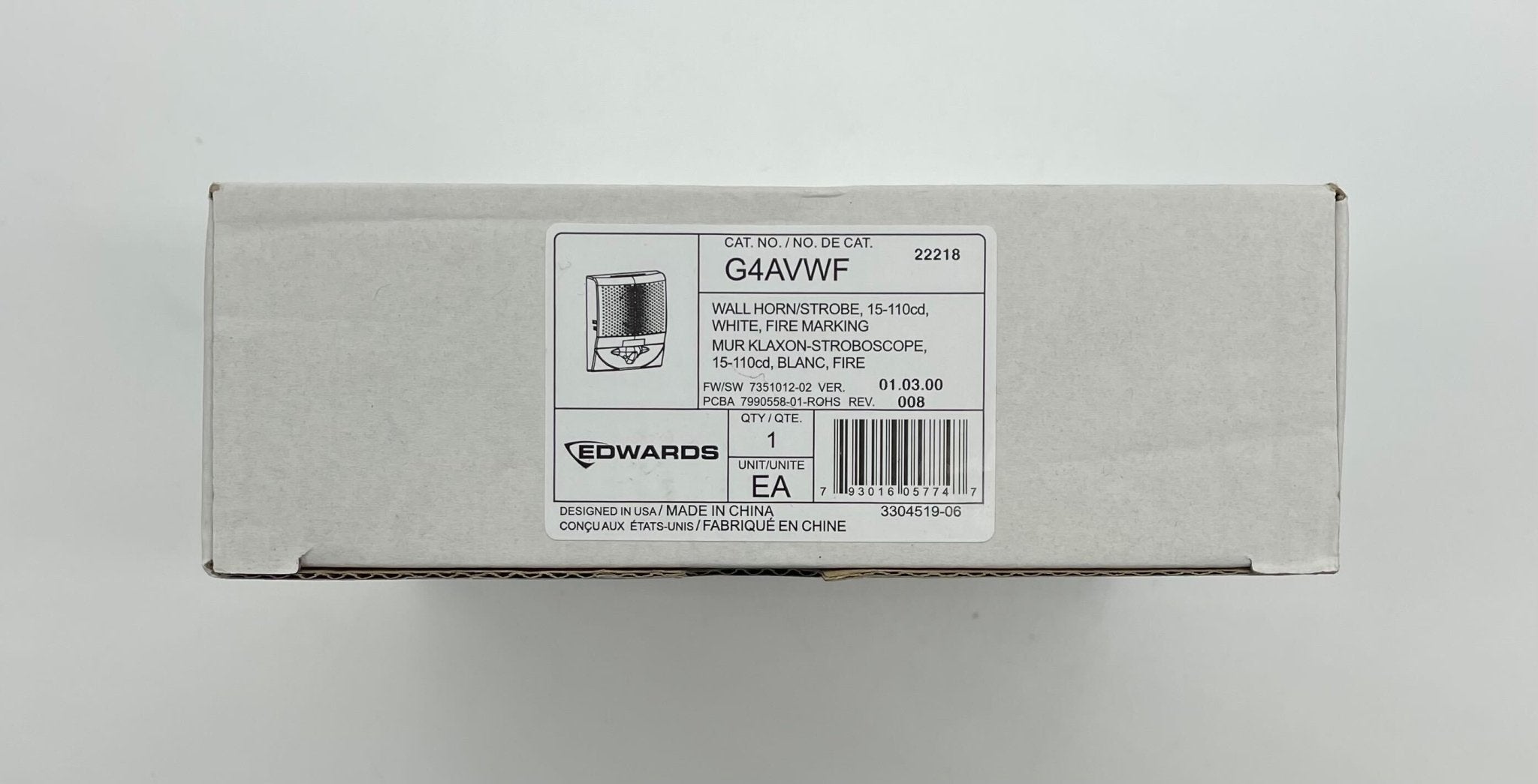 Edwards G4AVWF horn strobe alarm with white housing and visible horn and strobe components.