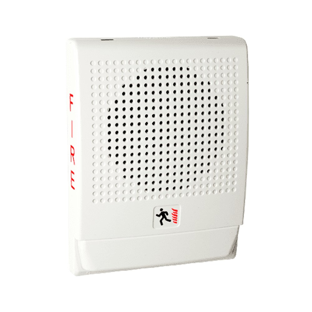 Edwards G4HFWF-S7 speaker with black grille and white enclosure, mounted on a wall in a professional audio setup.
