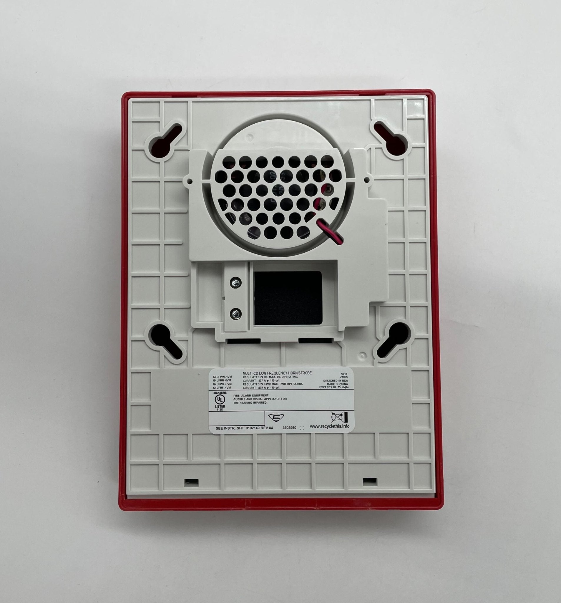 Edwards G4LFRF-HVM horn strobe alarm device with red horn and clear lens for fire safety signaling.