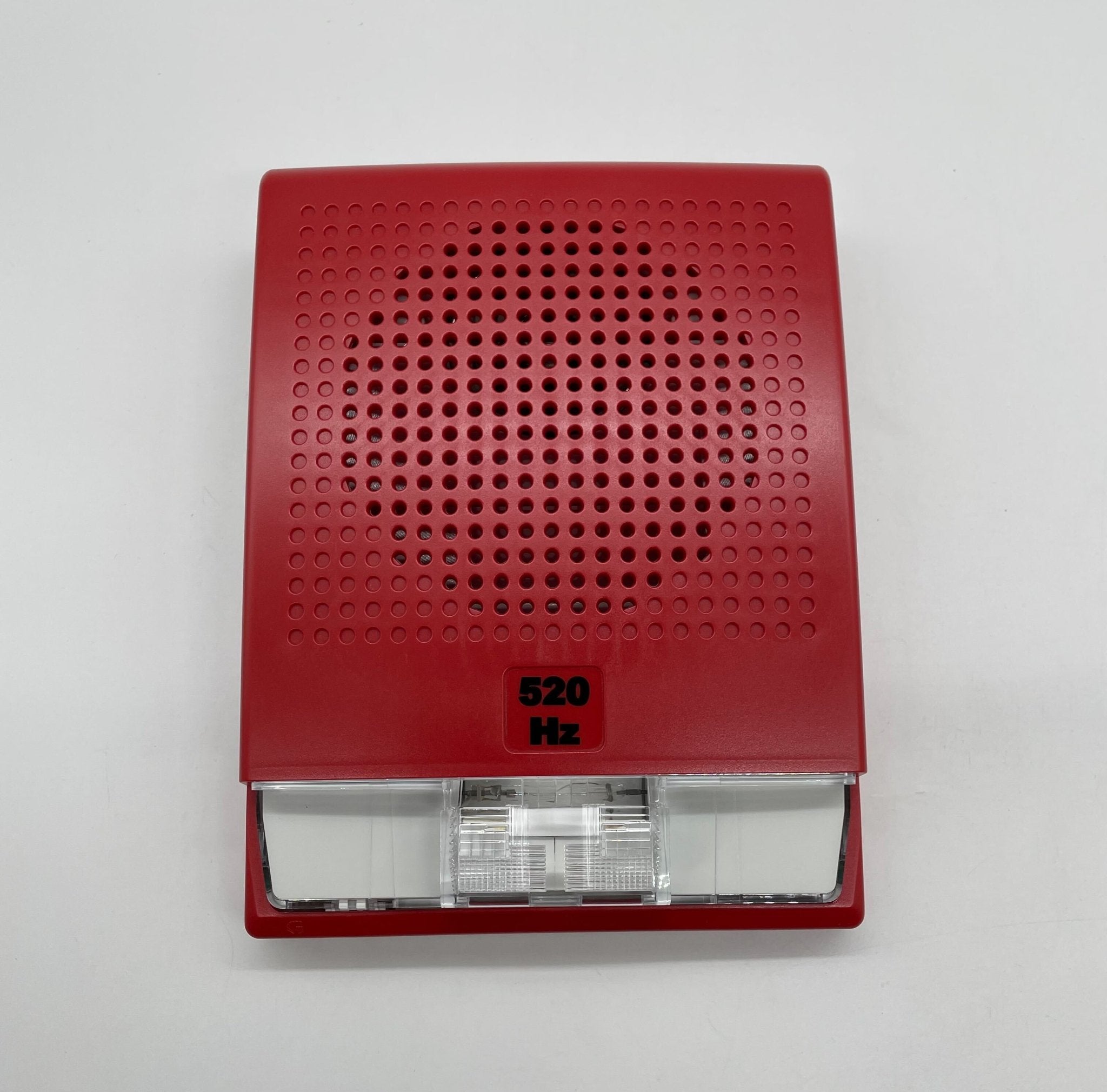 Edwards G4LFRF-HVM horn strobe alarm with red housing and mounting bracket, designed for fire safety and emergency alerts.