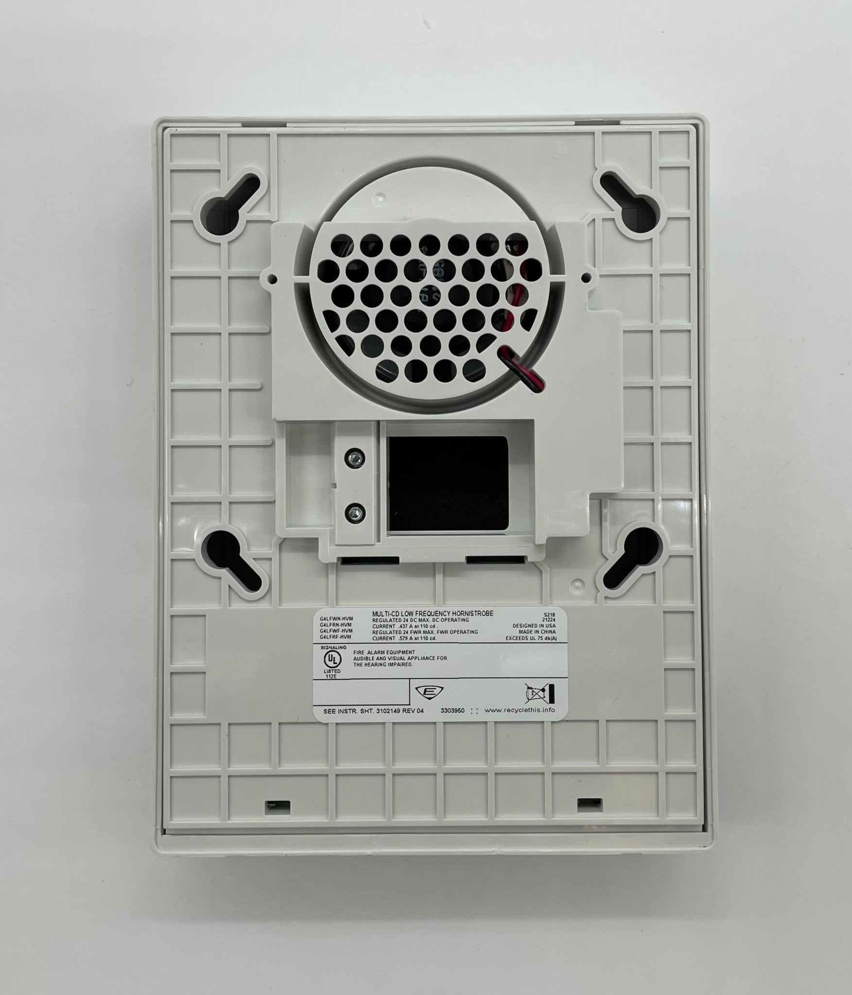Edwards G4LFWF-HVM horn strobe with white housing and visible mounting hardware, designed for emergency notification systems