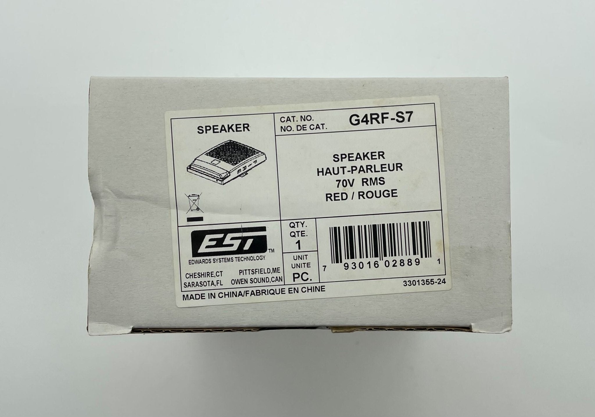 Edwards G4RF-S7 speaker with rugged design and metal grille, mounted on a wall for professional sound reinforcement.