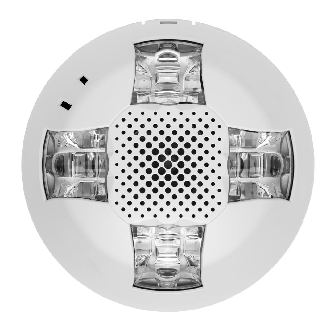 Edwards GCAVWN horn strobe alarm with red horn and white strobe light, mounted on a wall, for fire and safety signaling.