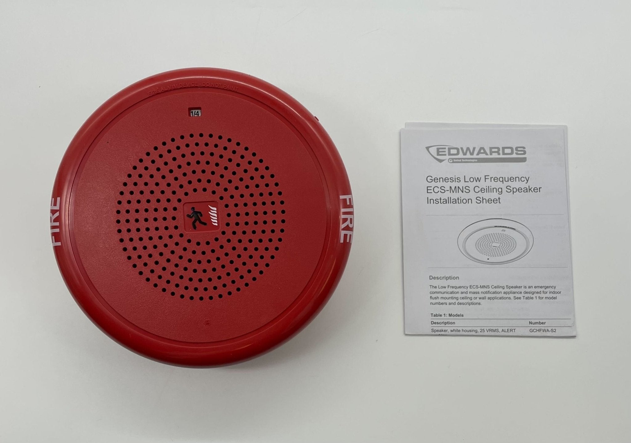 Edwards GCHFRF-S2 speaker from Jem Systems Canada, showing a compact, black speaker with mounting brackets and control panel.
