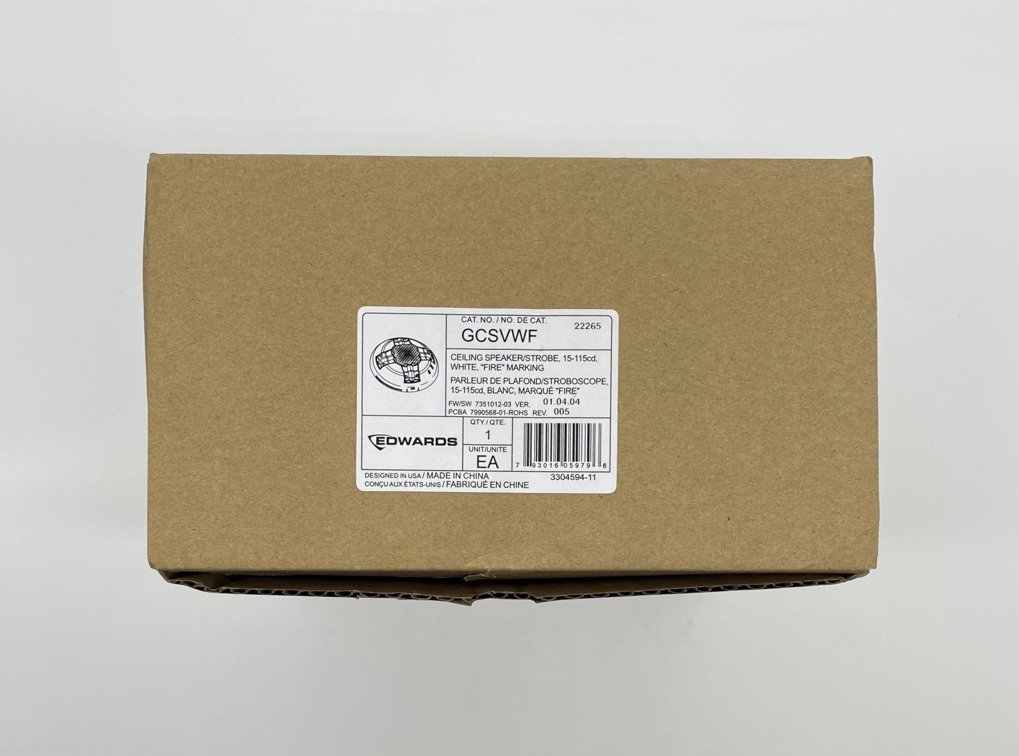 Edwards GCSVWF speaker strobe alarm with white housing and clear lens, mounted on a wall for emergency alert signaling.