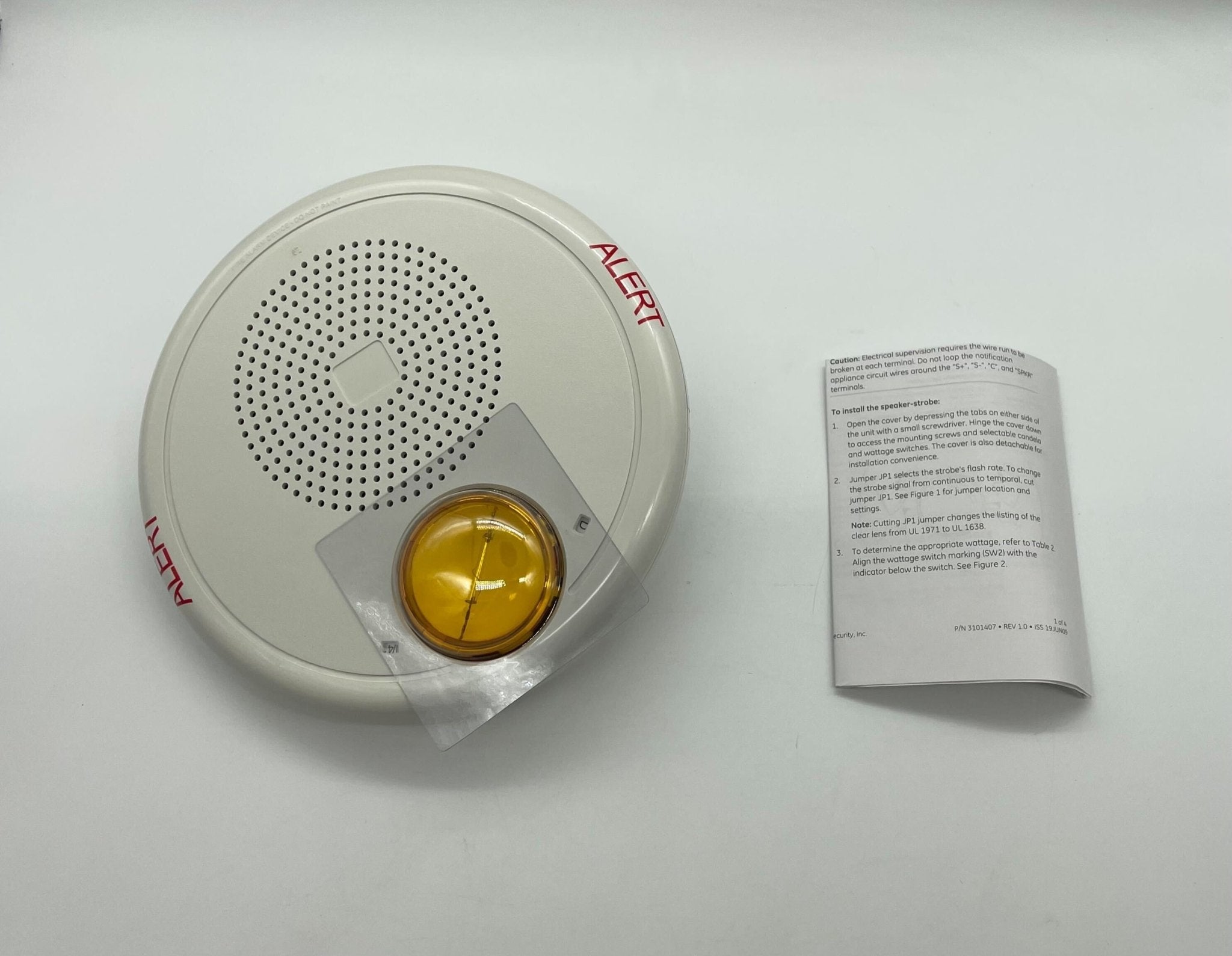 Edwards GCWA-S7VMHA speaker strobe with horn and flashing light for emergency alert systems, mounted on a wall.