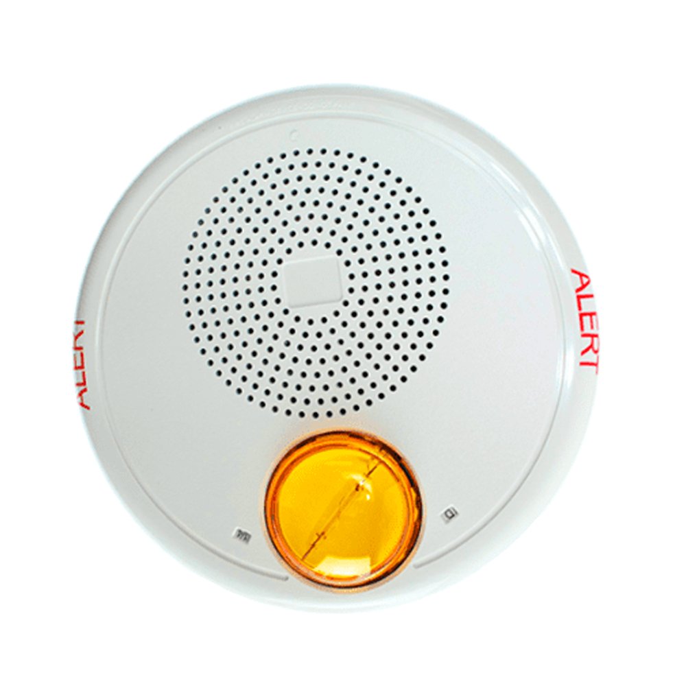Edwards GCWA-S7VMHA speaker strobe warning device with white housing and mounting bracket on a plain background.