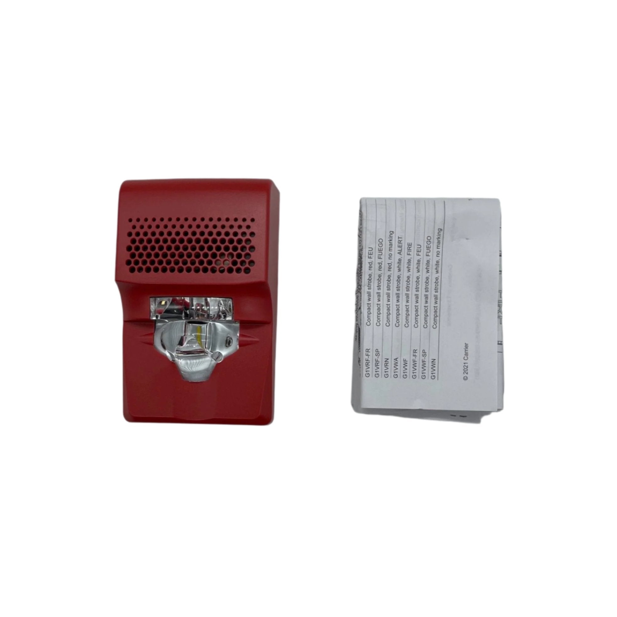 Edwards G1AVRN horn strobe alarm with red housing and mounting bracket, designed for fire safety and alert signaling.