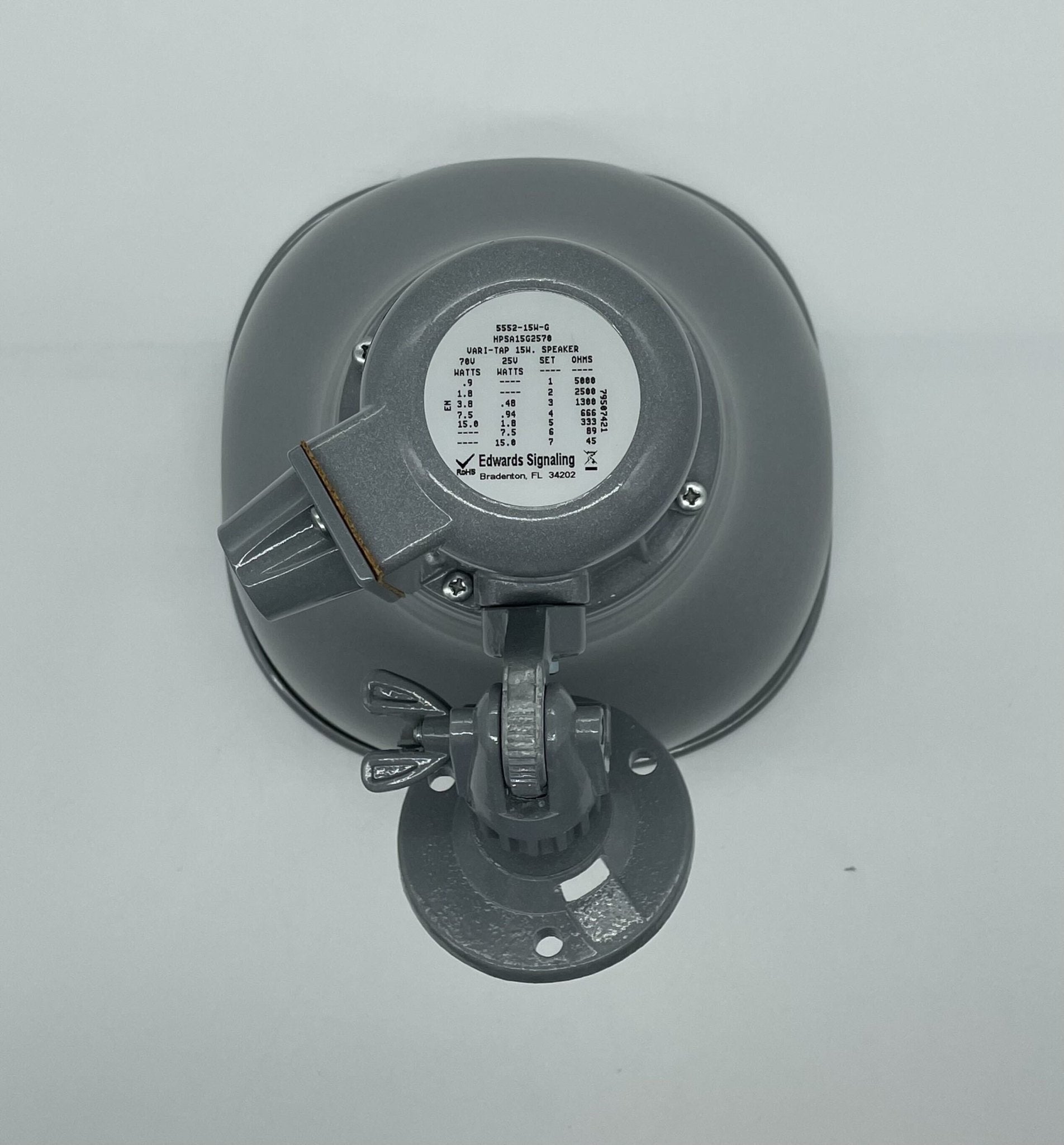 Edwards HPSA15G2570 speaker with black enclosure and mounting bracket, designed for professional sound systems.