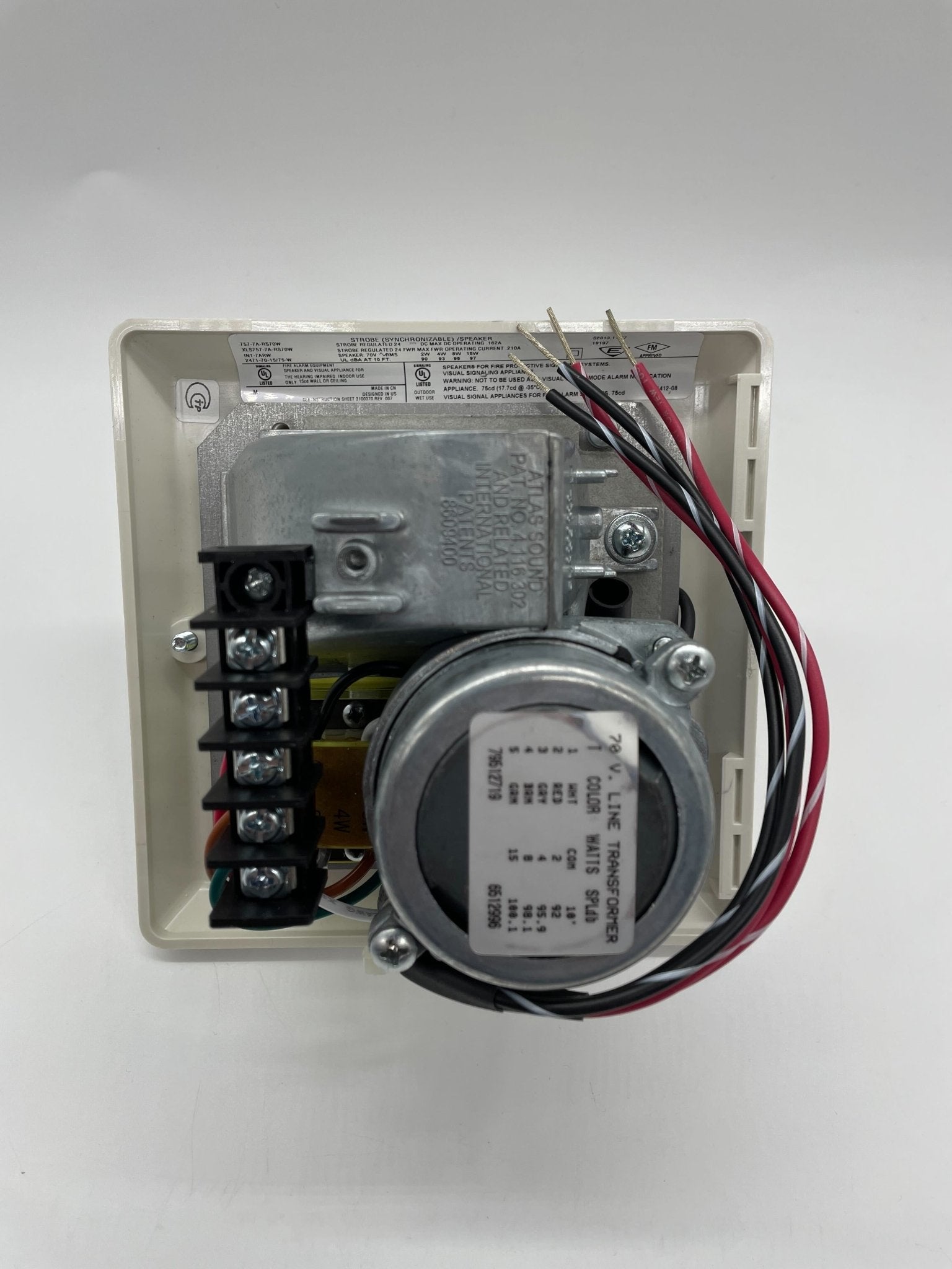 Edwards INT-7ARW speaker strobe alarm with white housing and mounting bracket, designed for fire safety and alert systems.
