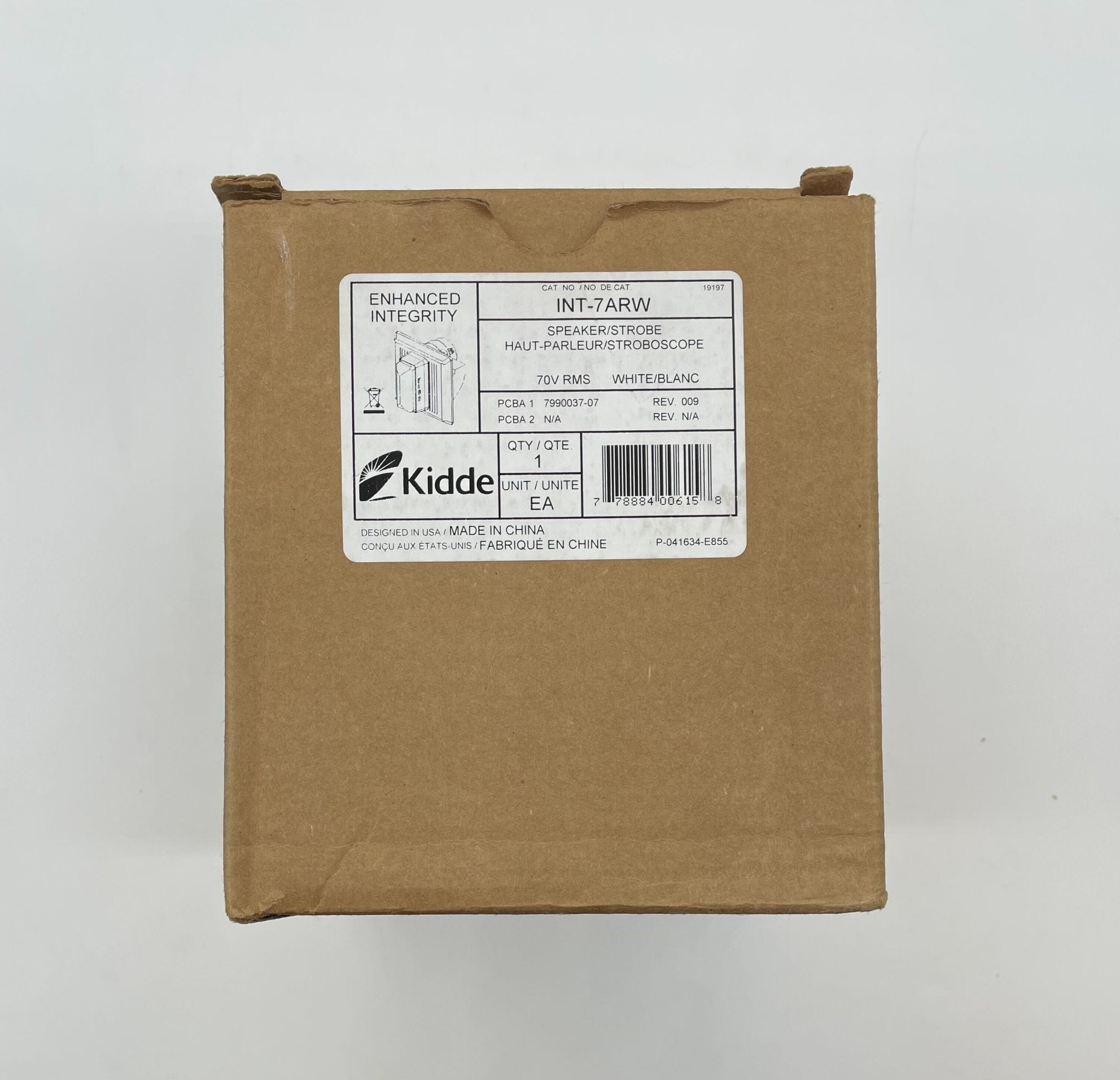 Edwards INT-7ARW speaker strobe alarm with white housing and mounting bracket, designed for fire safety and emergency alert systems.
