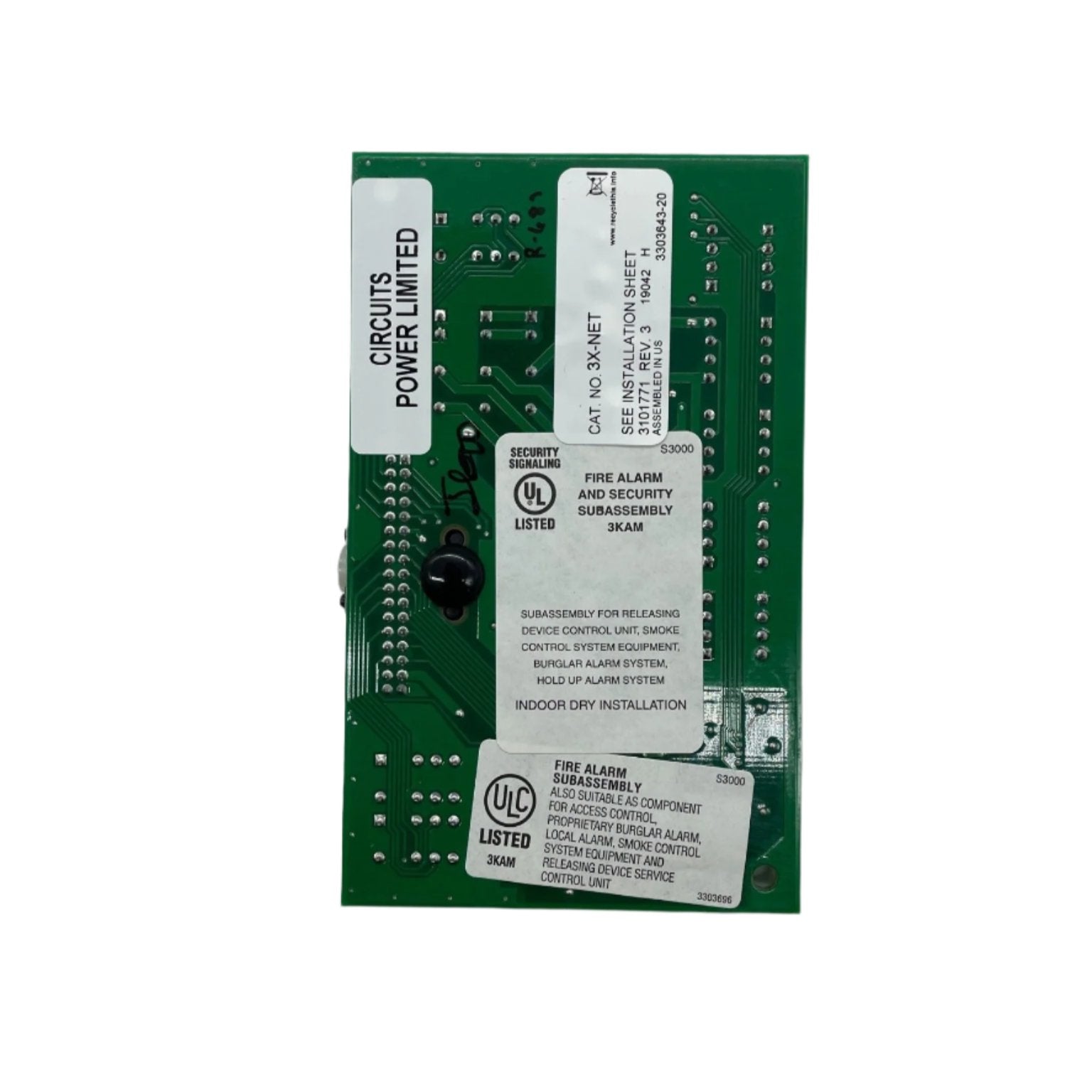 Edwards 3X-NET network card by Edwards, showing a close-up of the black circuit board with connectors and components.