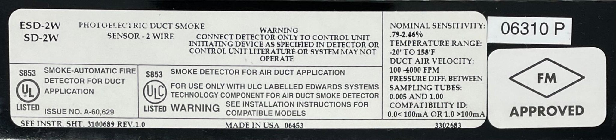 Edwards SD-2W Conventional SuperDuct fire alarm detector mounted on a ceiling, designed for smoke detection in commercial settings