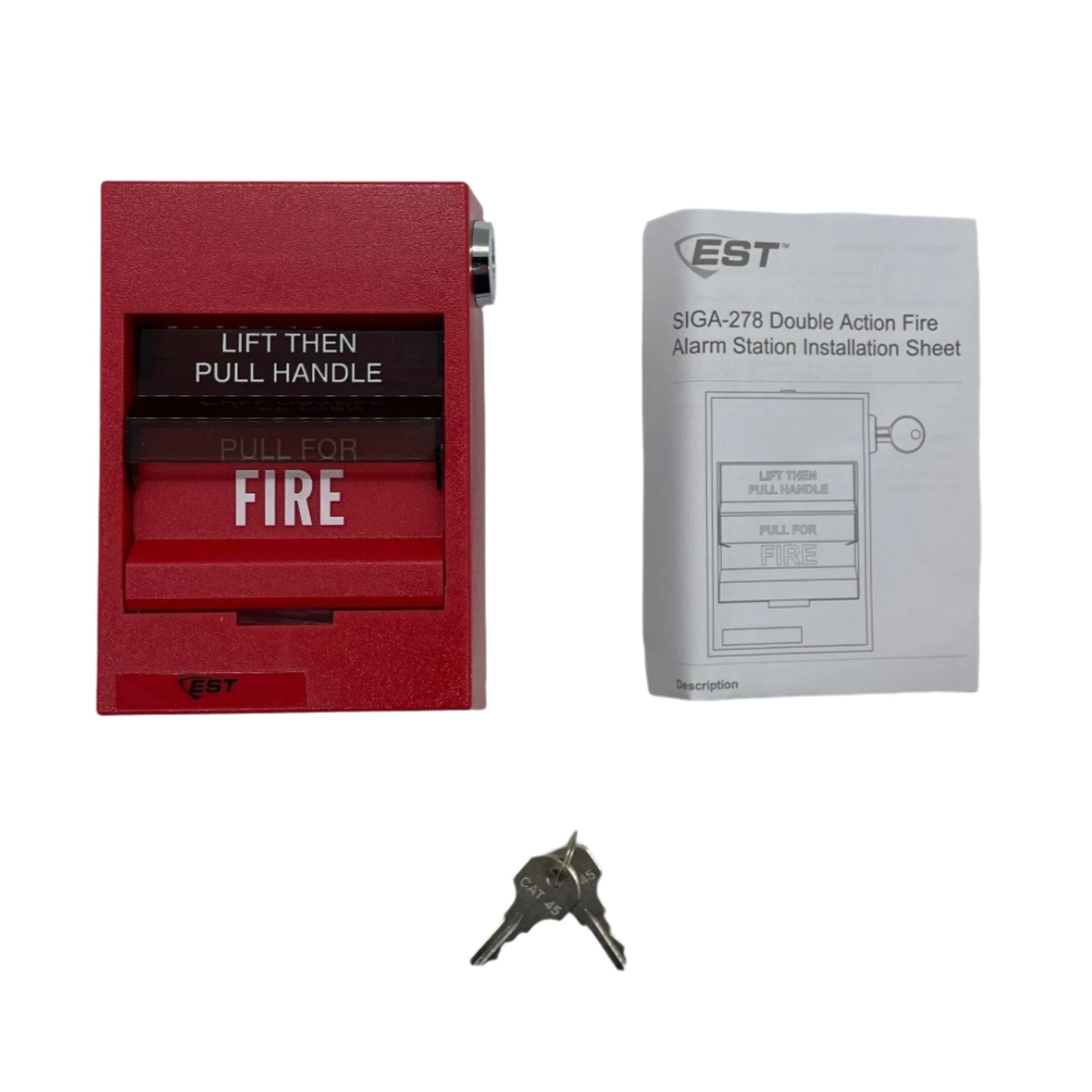 Edwards SIGA-278 pull station for fire alarm systems, mounted on wall with clear label and safety cover.