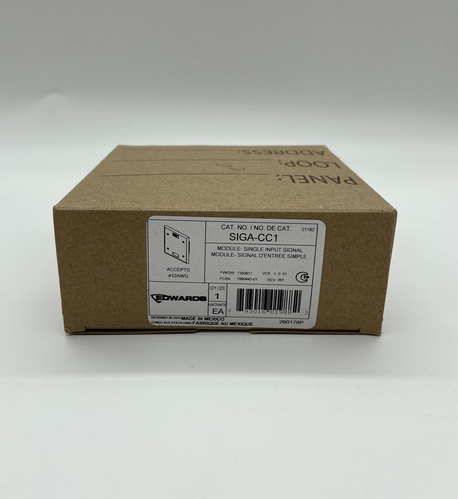 Edwards SIGA-CC1 module displayed with black and white plastic casing, designed for industrial automation systems.